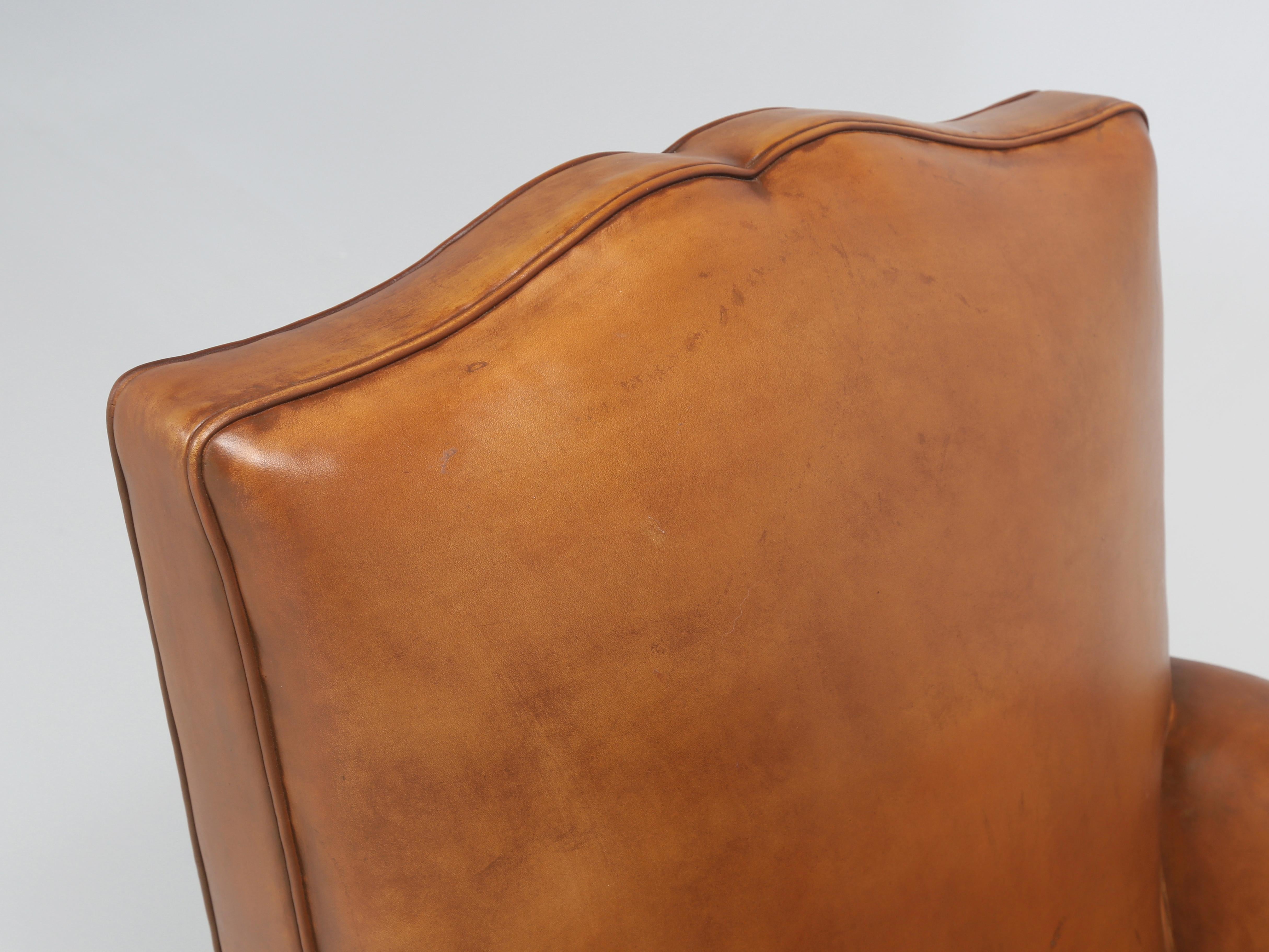 French Leather Pair Moustache Club Chairs Properly Restored Top to Bottom c1930s In Good Condition In Chicago, IL
