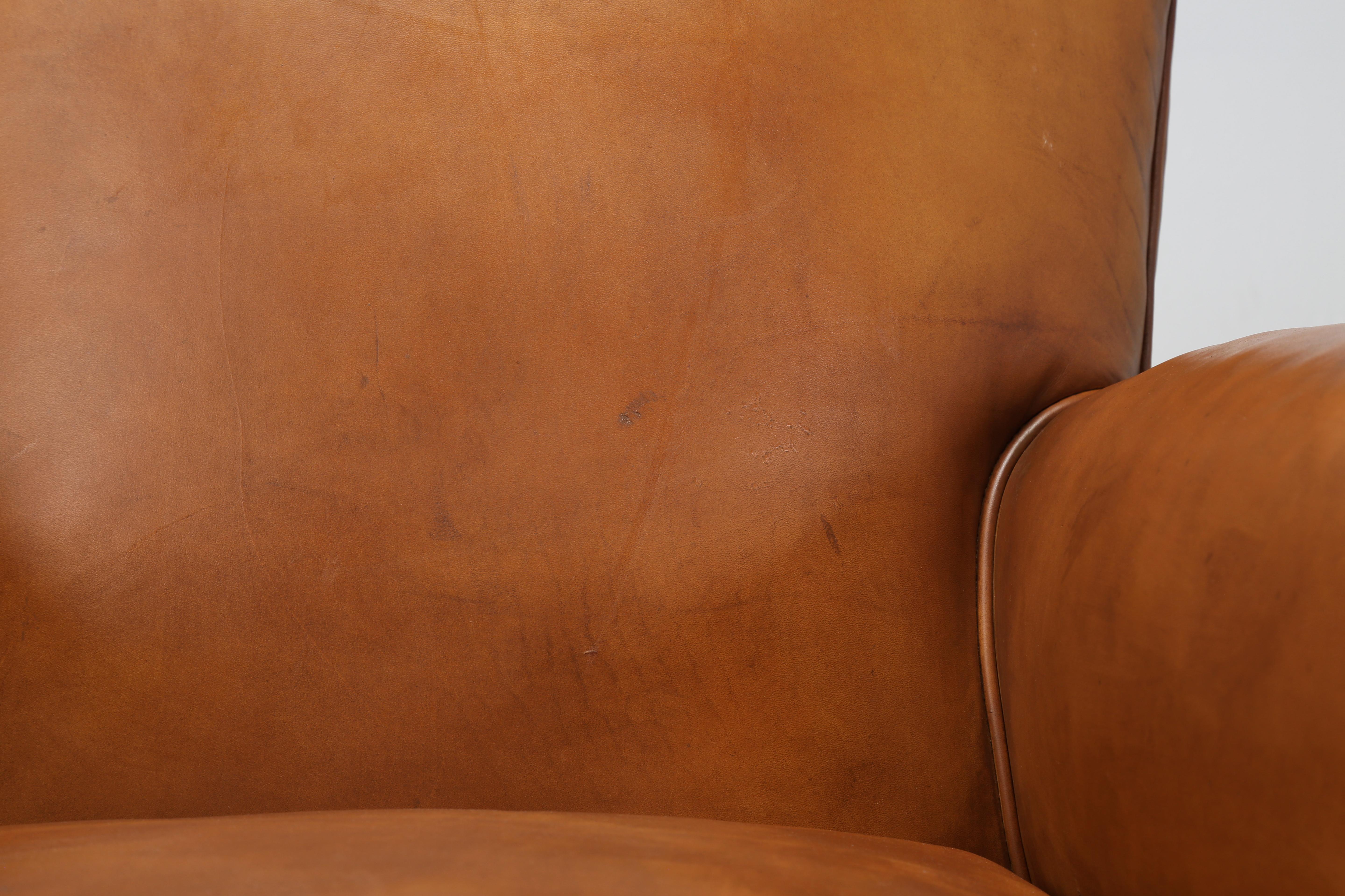 Mid-20th Century French Leather Pair Moustache Club Chairs Properly Restored Top to Bottom c1930s