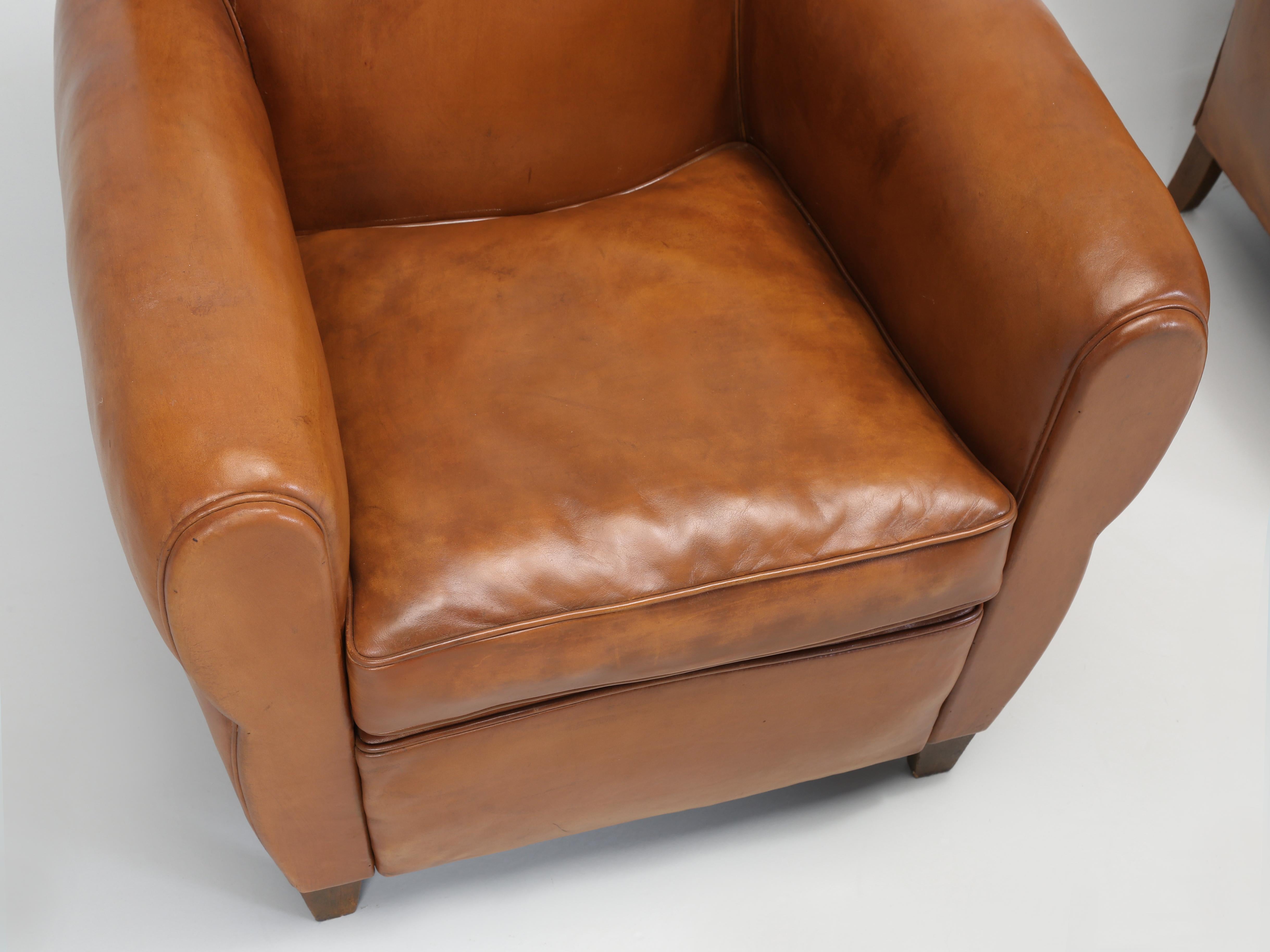 French Leather Pair Moustache Club Chairs Properly Restored Top to Bottom c1930s 1