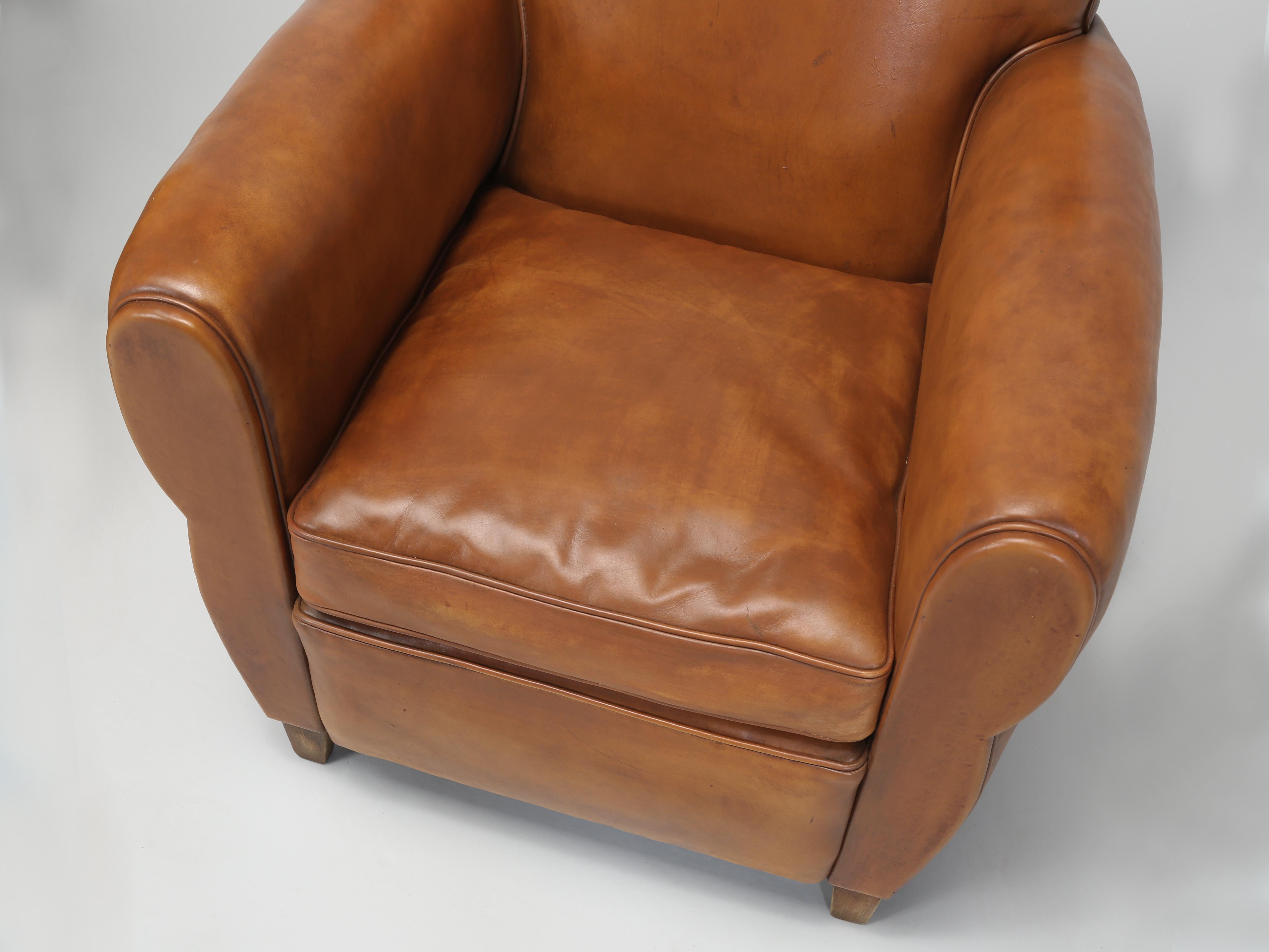 French Leather Pair Moustache Club Chairs Properly Restored Top to Bottom c1930s 2