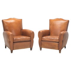 French Leather Pair Moustache Club Chairs Properly Restored Top to Bottom c1930s