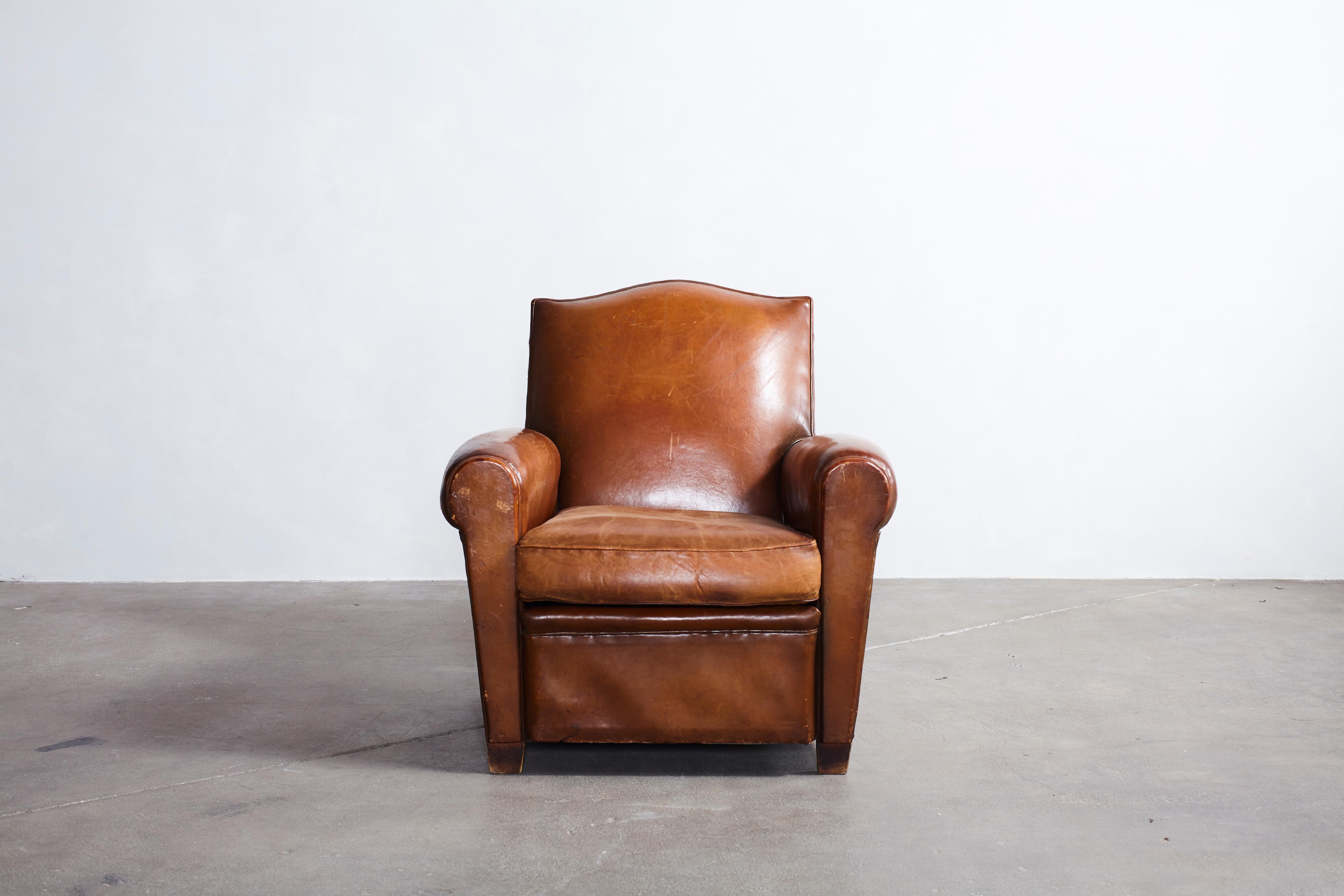 French Leather Petite Club Chair with  Unique Crown Top Details 8