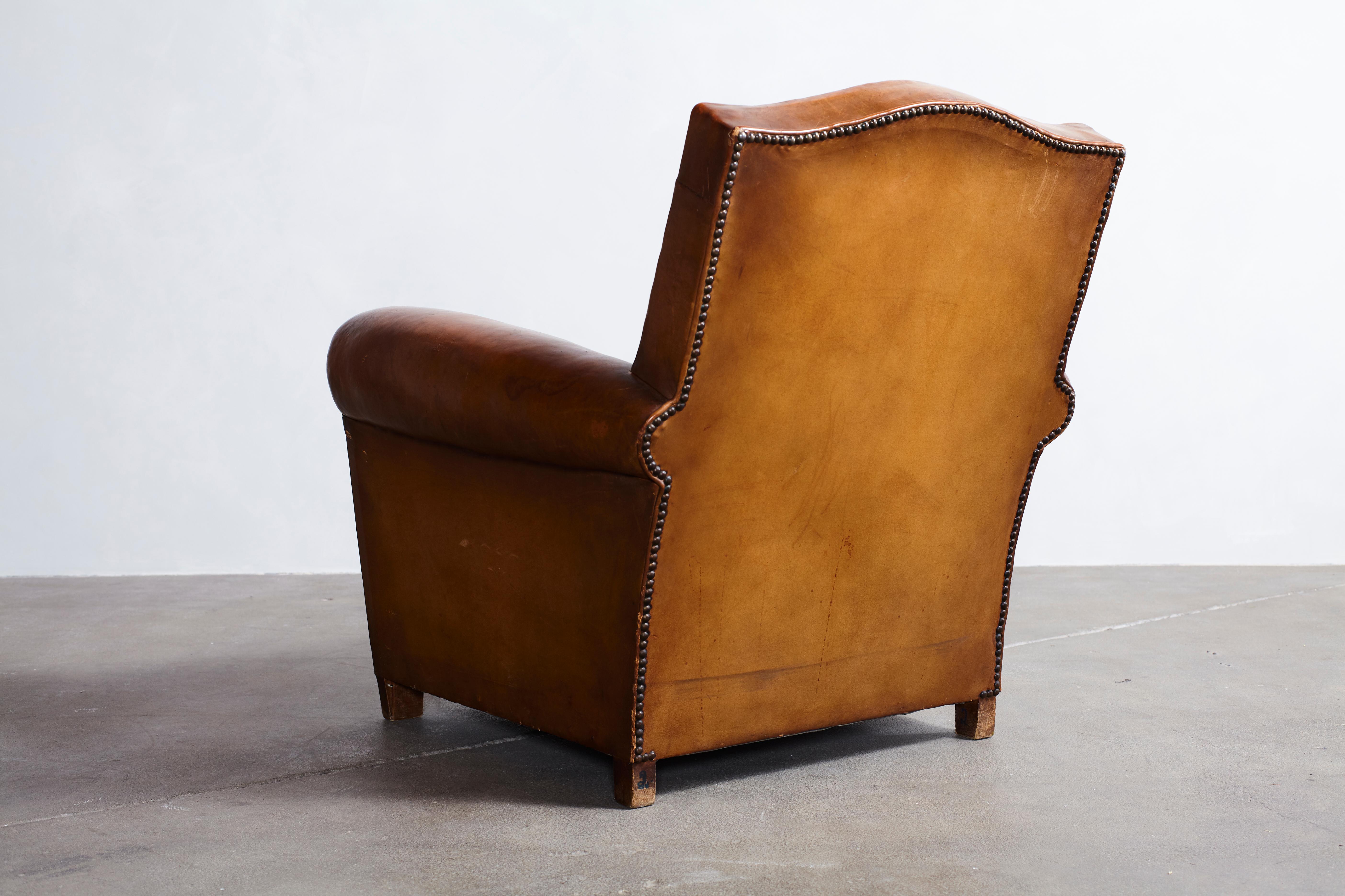 French Leather Petite Club Chair with  Unique Crown Top Details 3