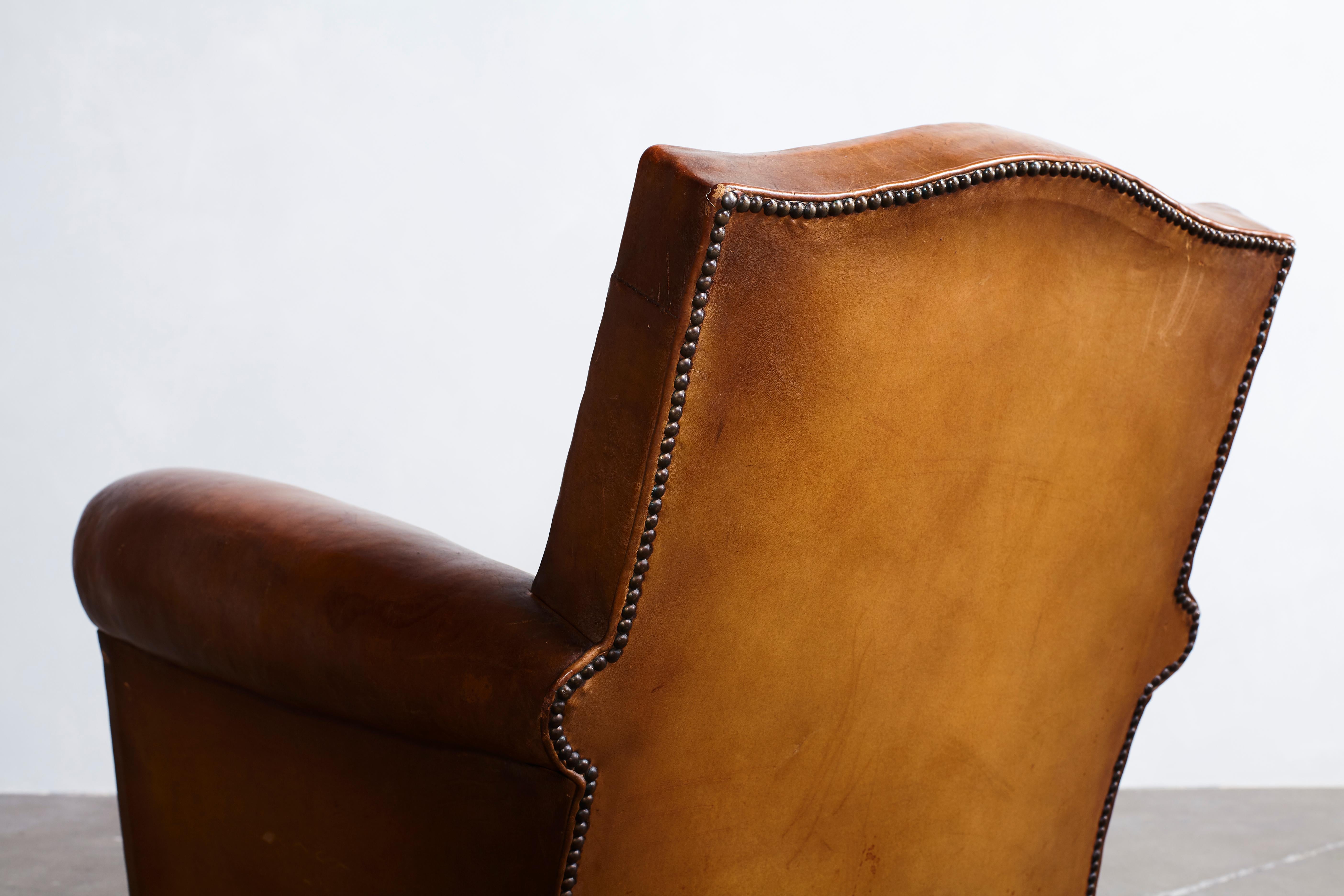 French Leather Petite Club Chair with  Unique Crown Top Details 4