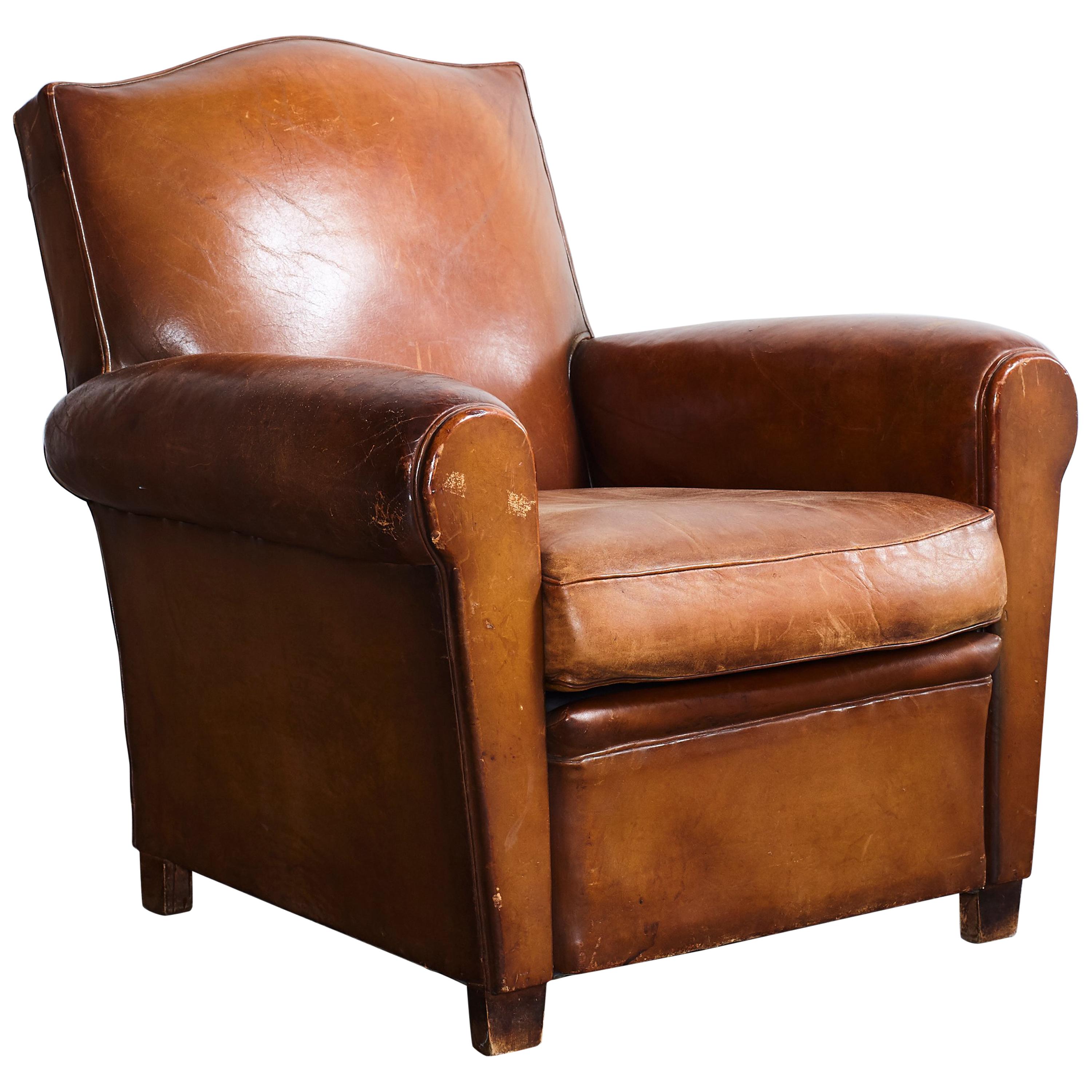 French Leather Petite Club Chair with  Unique Crown Top Details