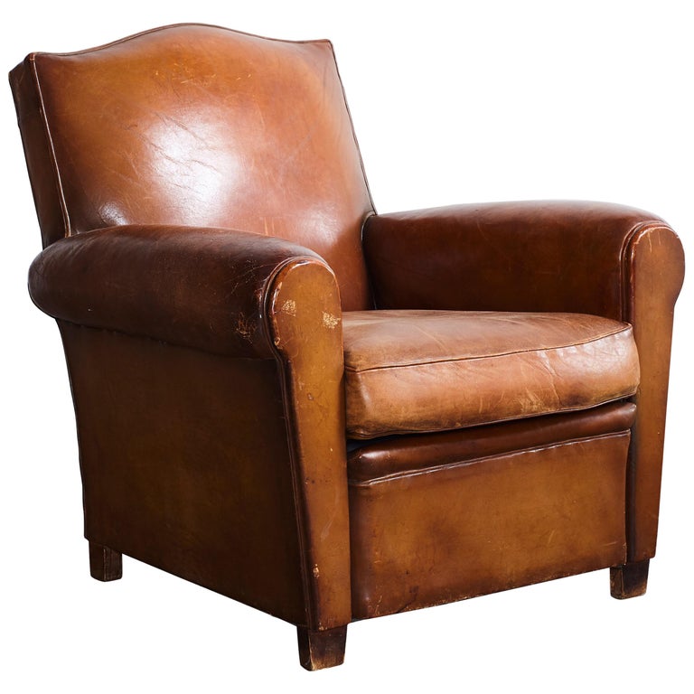 French Leather Petite Club Chair with Unique Crown Top Details at 1stDibs