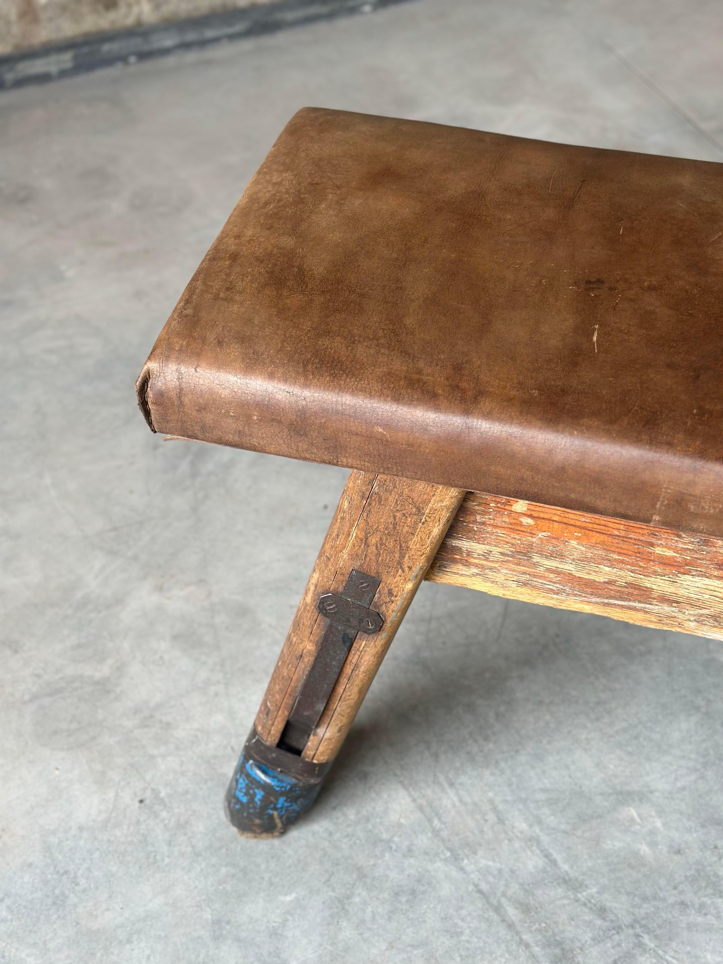 French Leather Pommel Horse Gym Bench In Good Condition In Hudson, NY
