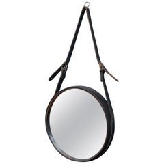 French Leather Round Wall Mirror