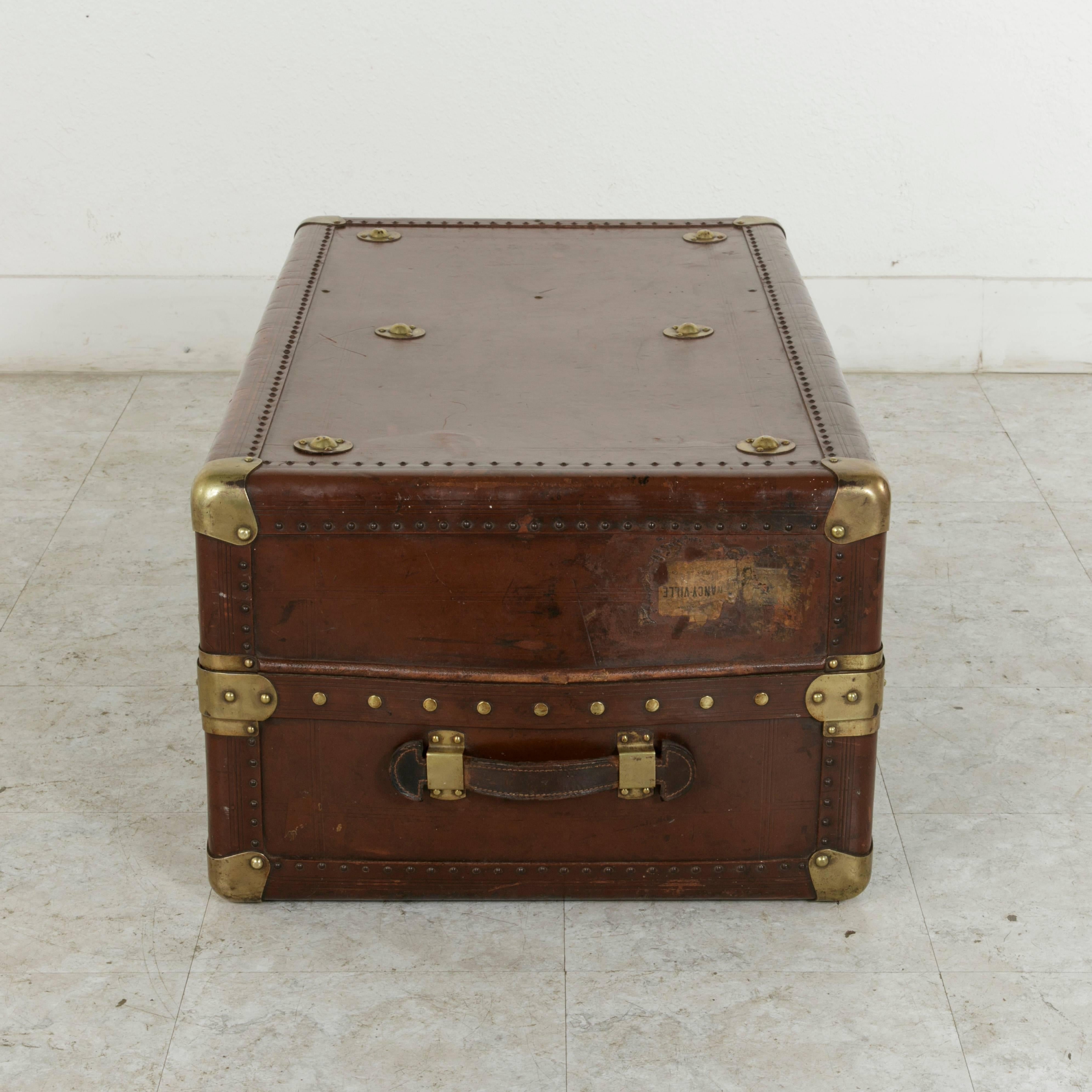 Early 20th Century French Leather Steam Trunk or Coffee Table with Brass Detailing, circa 1900