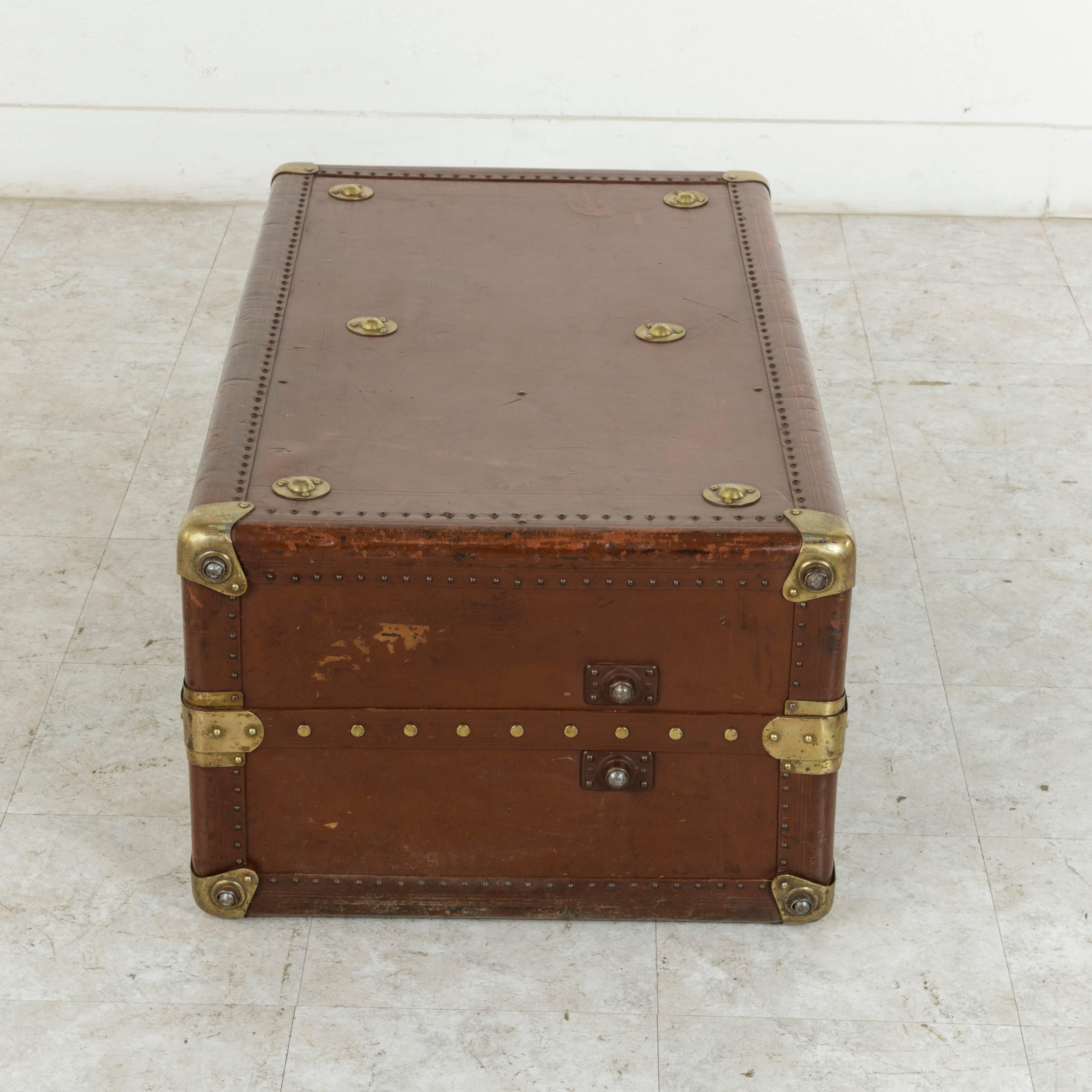 French Leather Steam Trunk or Coffee Table with Brass Detailing, circa 1900 2