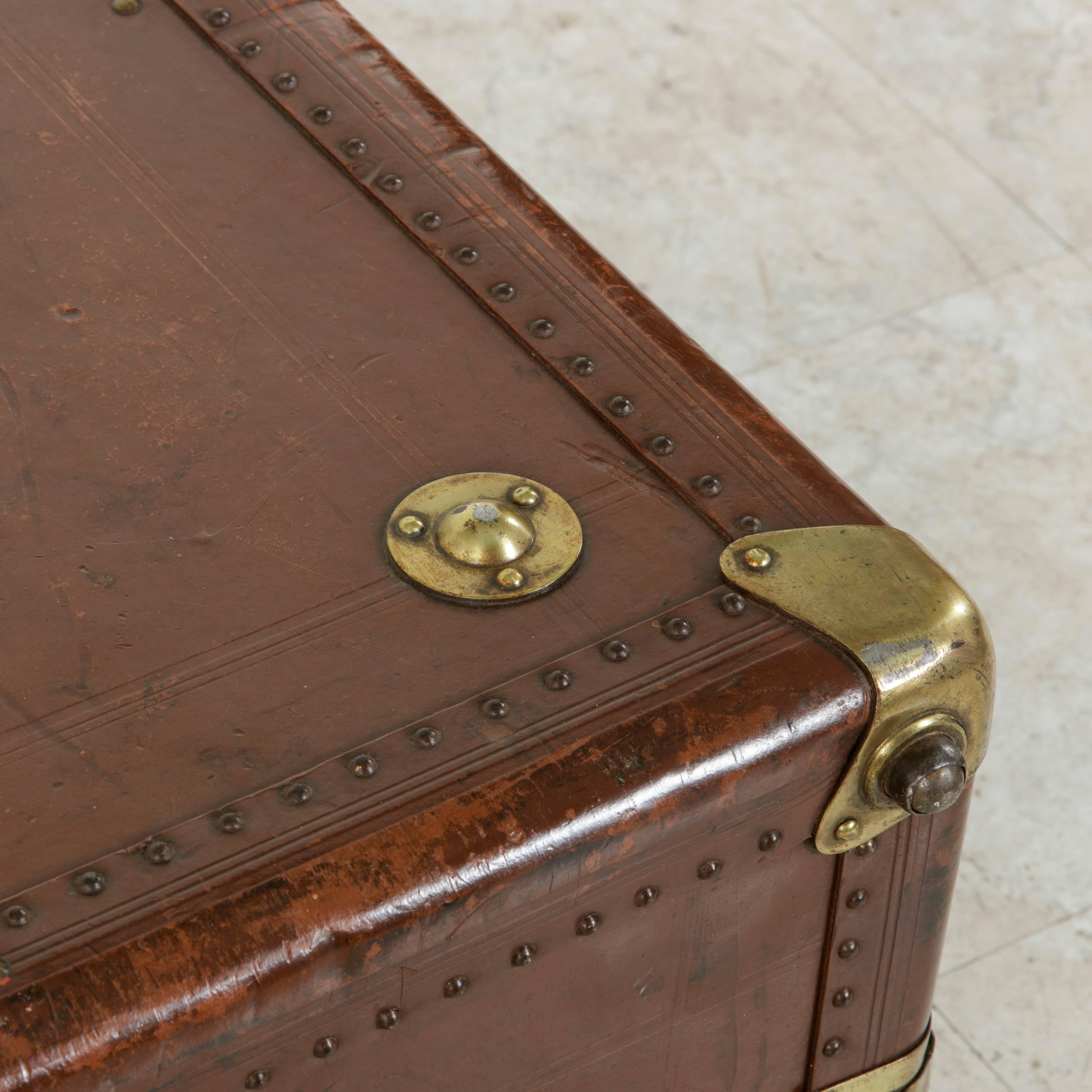 French Leather Steam Trunk or Coffee Table with Brass Detailing, circa 1900 3