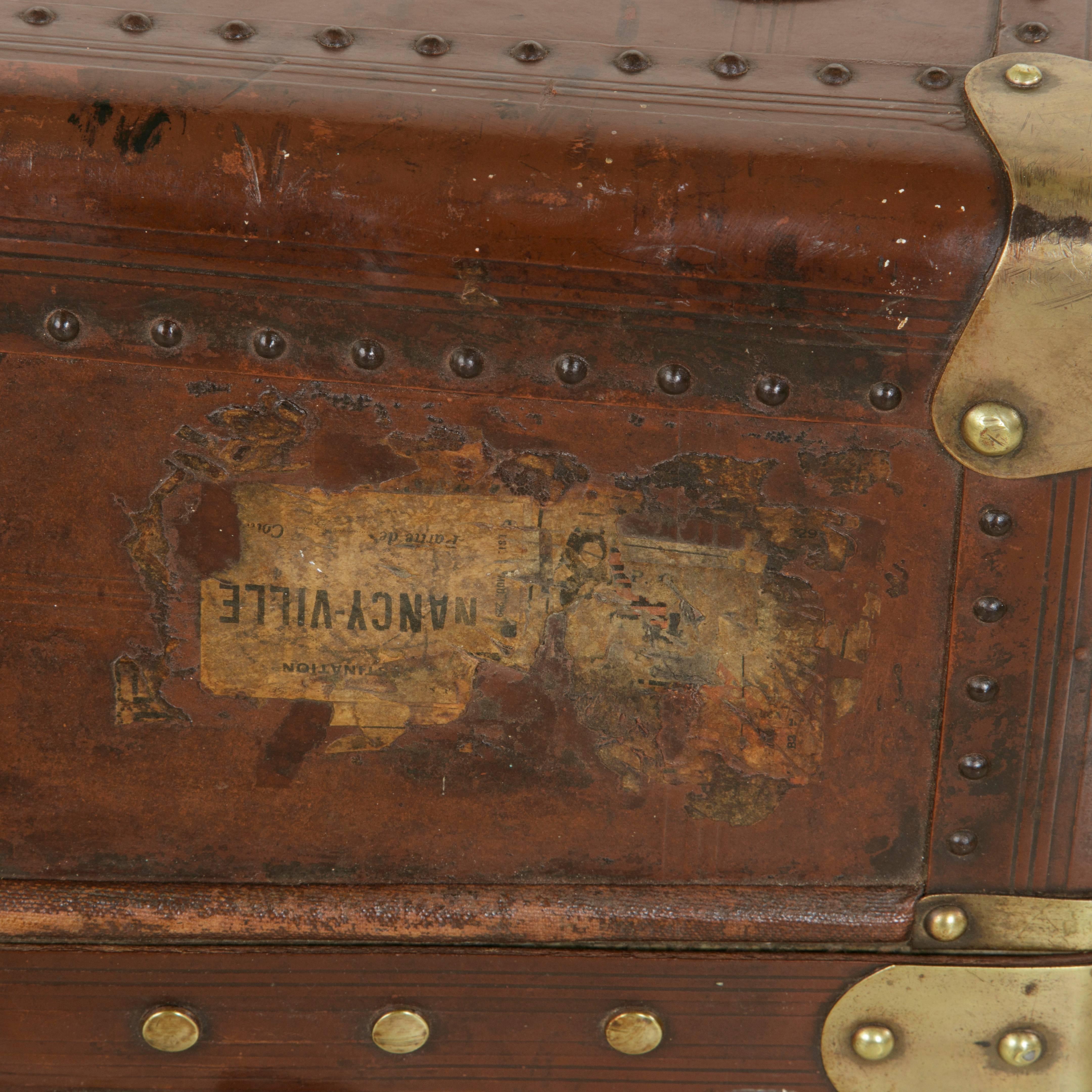 French Leather Steam Trunk or Coffee Table with Brass Detailing, circa 1900 4