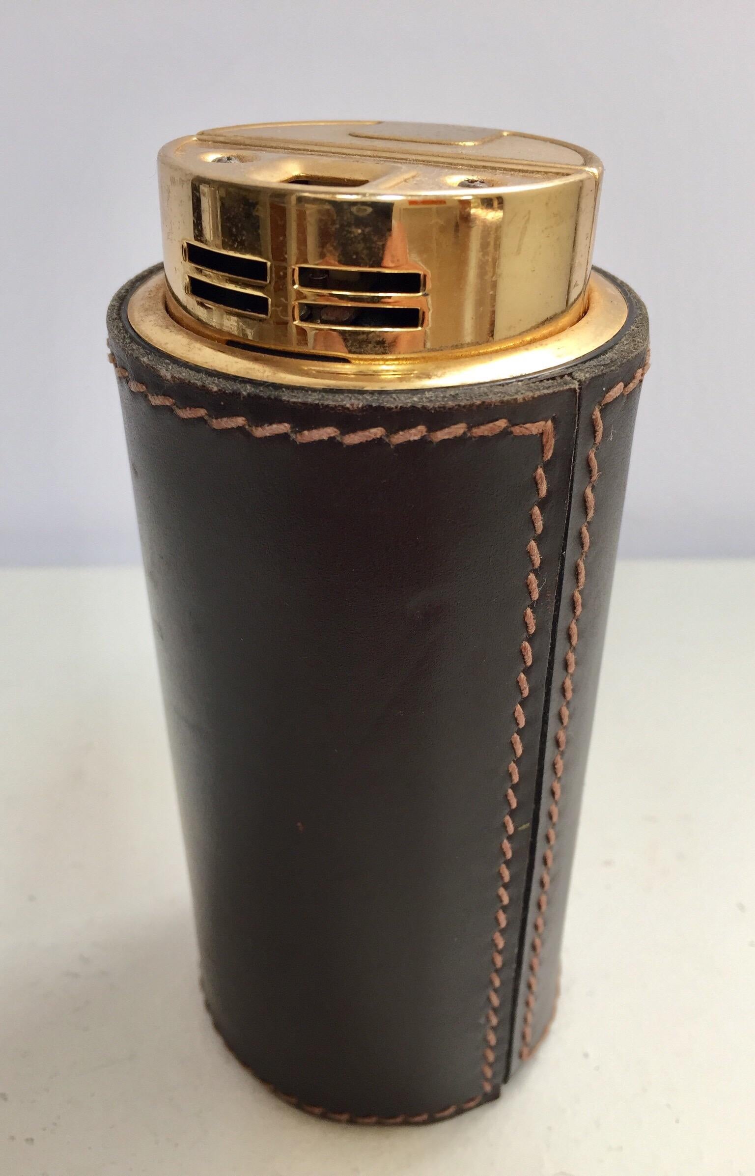 Hand-Crafted French Leather Stitched Art Deco Table Lighter by Delvaux