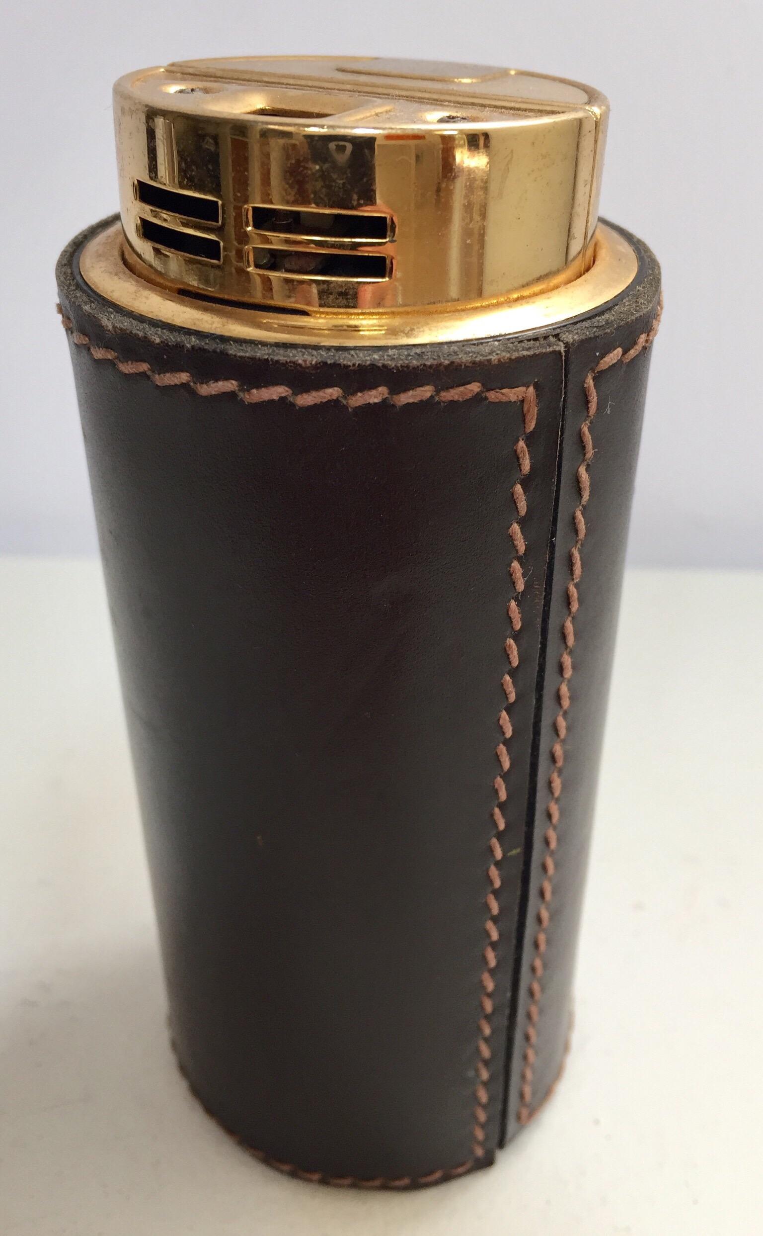 20th Century French Leather Stitched Art Deco Table Lighter by Delvaux