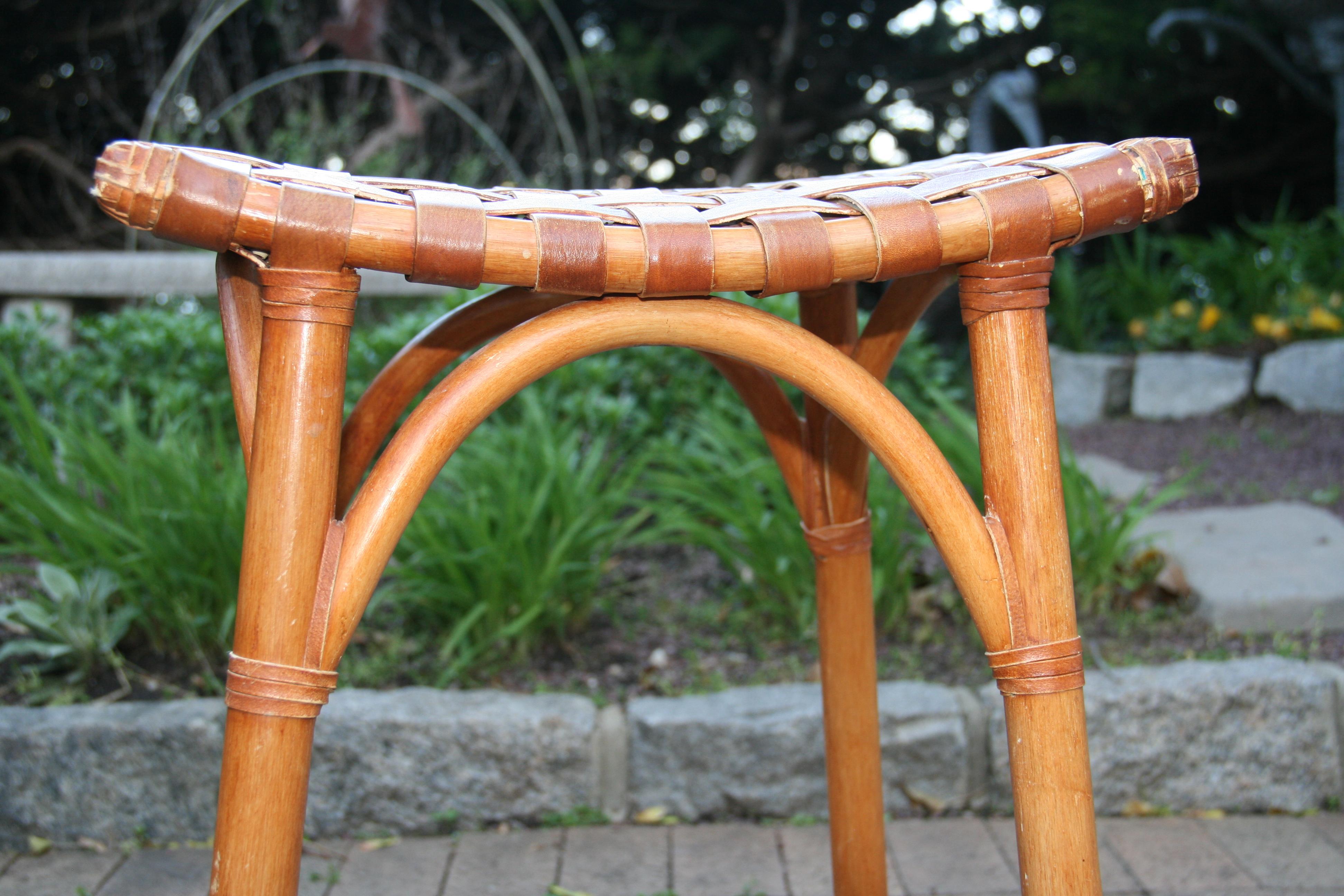 French Leather Strap and Rattan Stool / Side Table For Sale 6