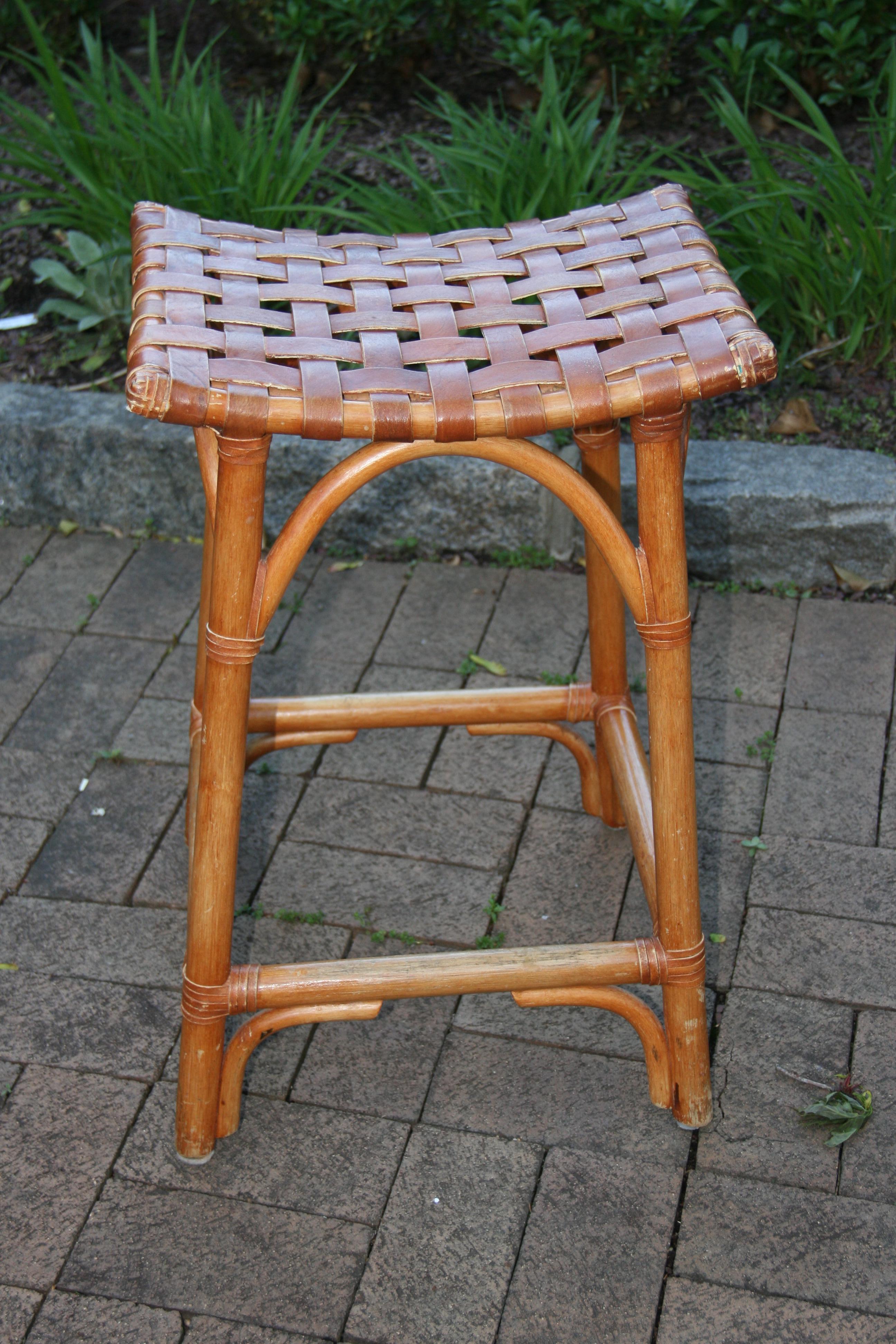 3-1122 French rattan and leather bench side table.