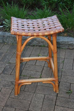 French Leather Strap and Rattan Stool / Side Table