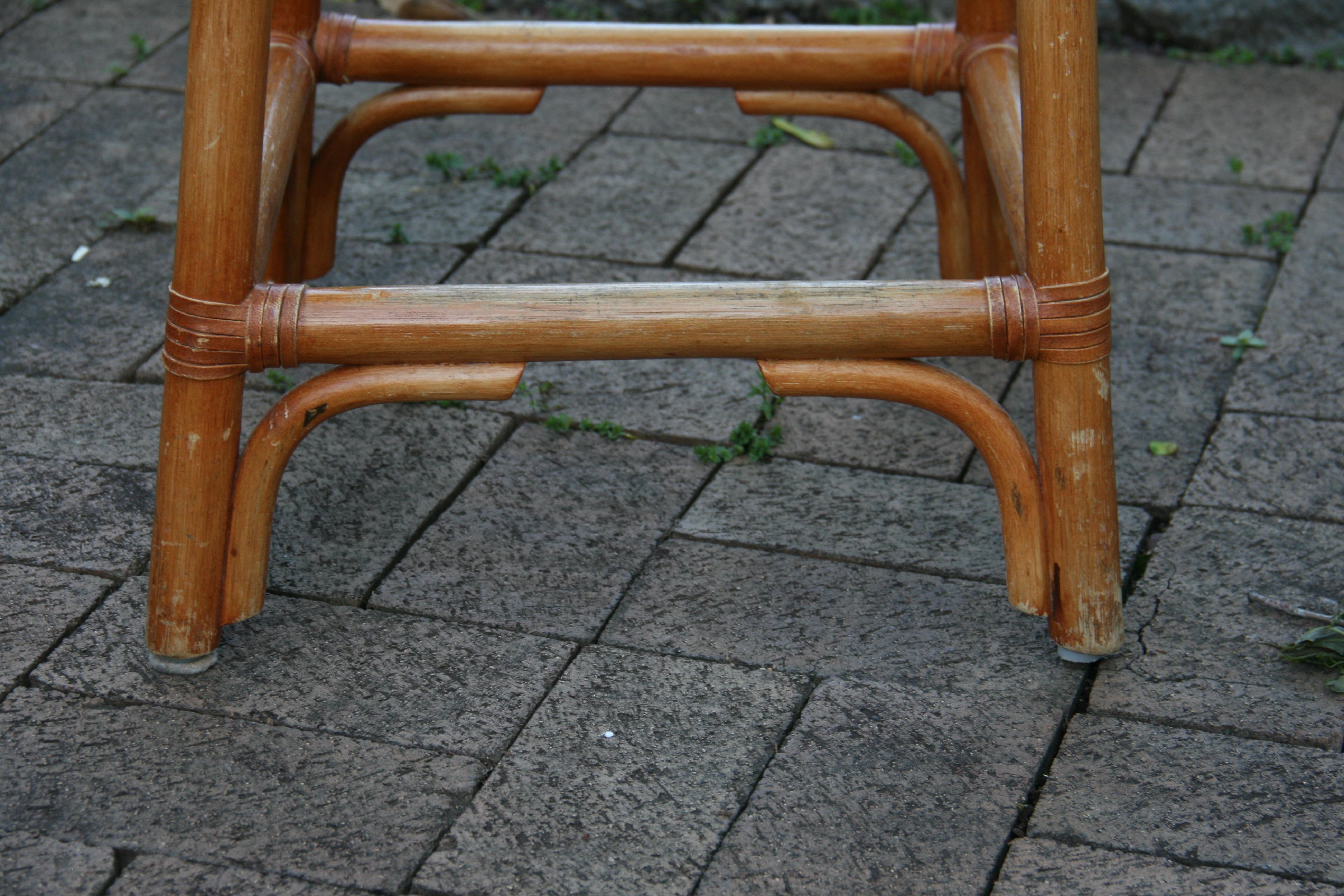 French Leather Strap and Rattan Stool / Side Table In Good Condition For Sale In Douglas Manor, NY