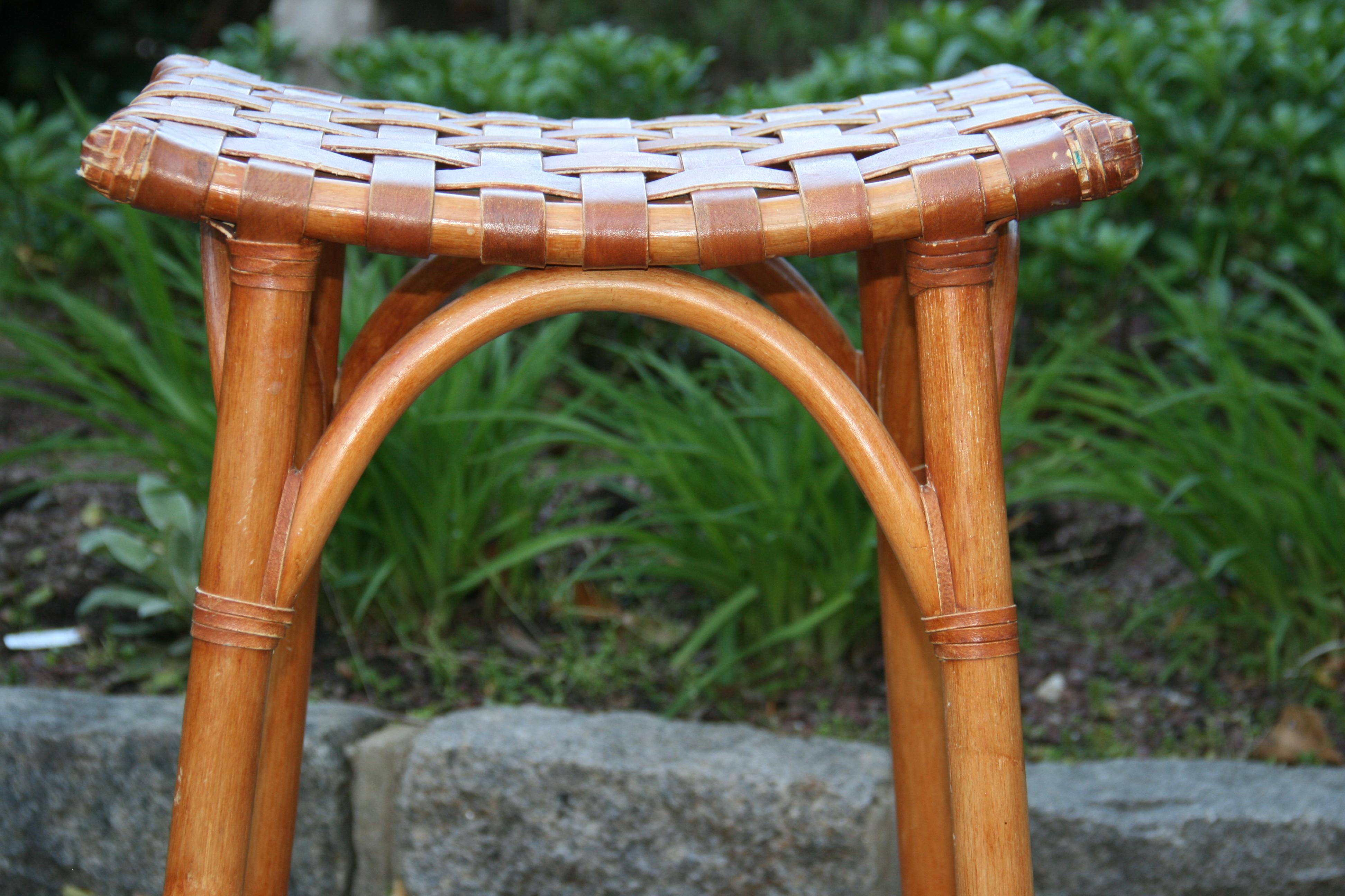 20th Century French Leather Strap and Rattan Stool / Side Table For Sale