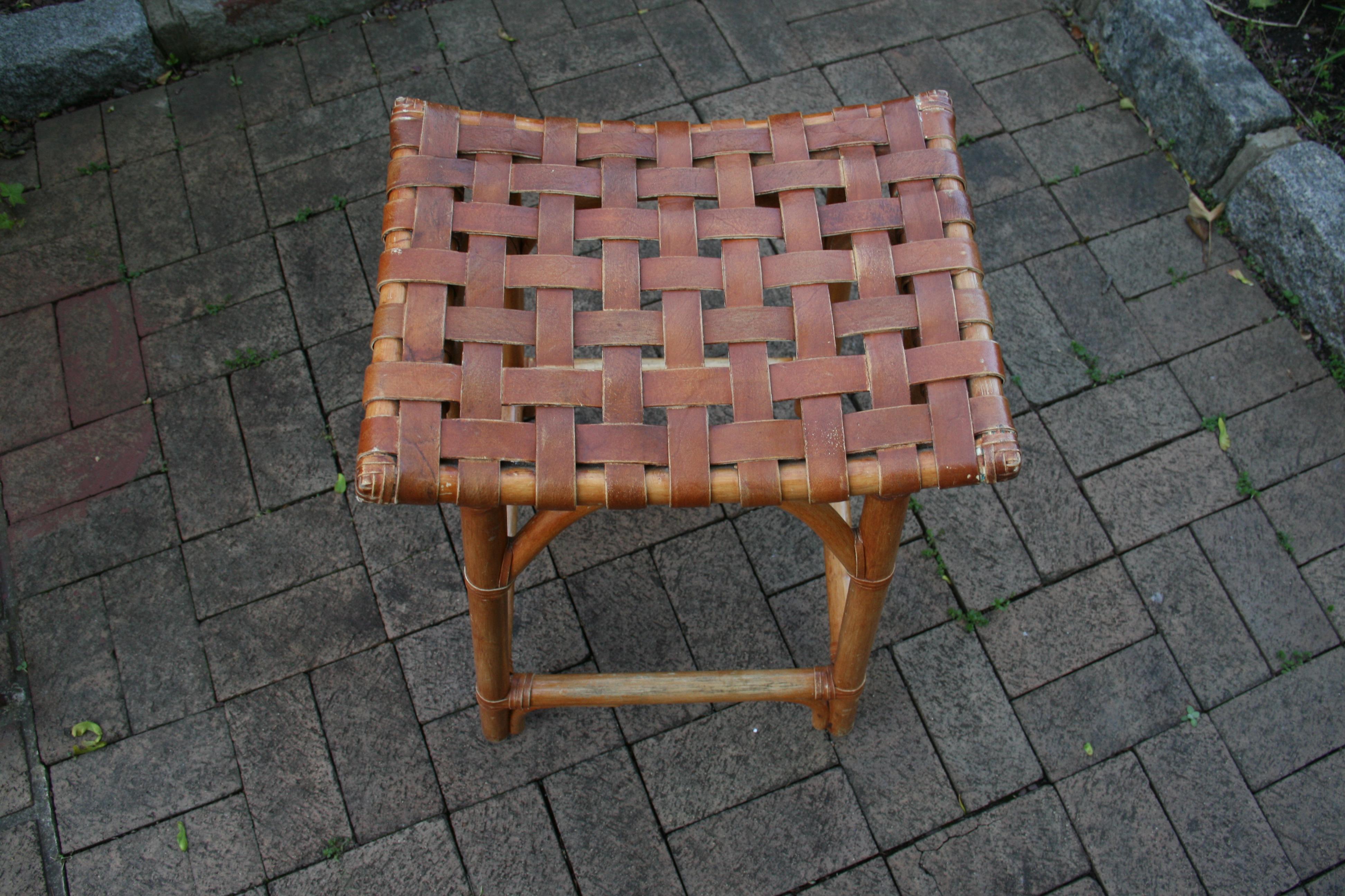 French Leather Strap and Rattan Stool / Side Table For Sale 1