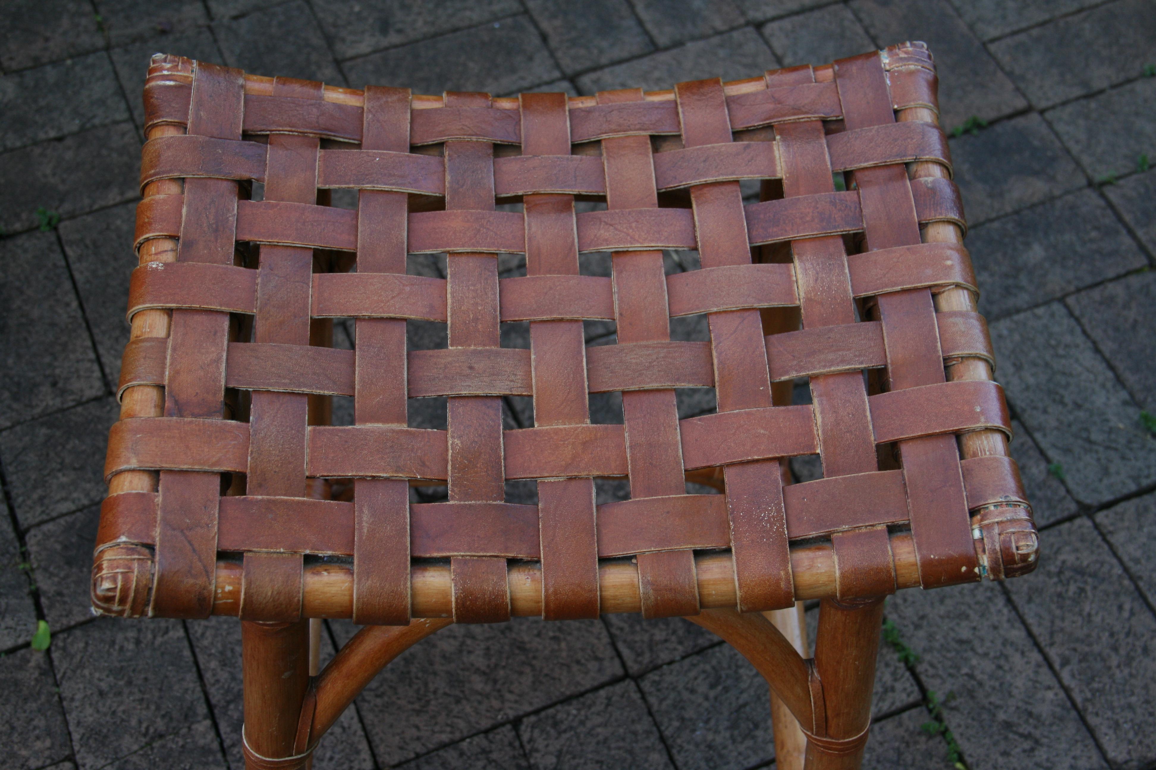 French Leather Strap and Rattan Stool / Side Table For Sale 2