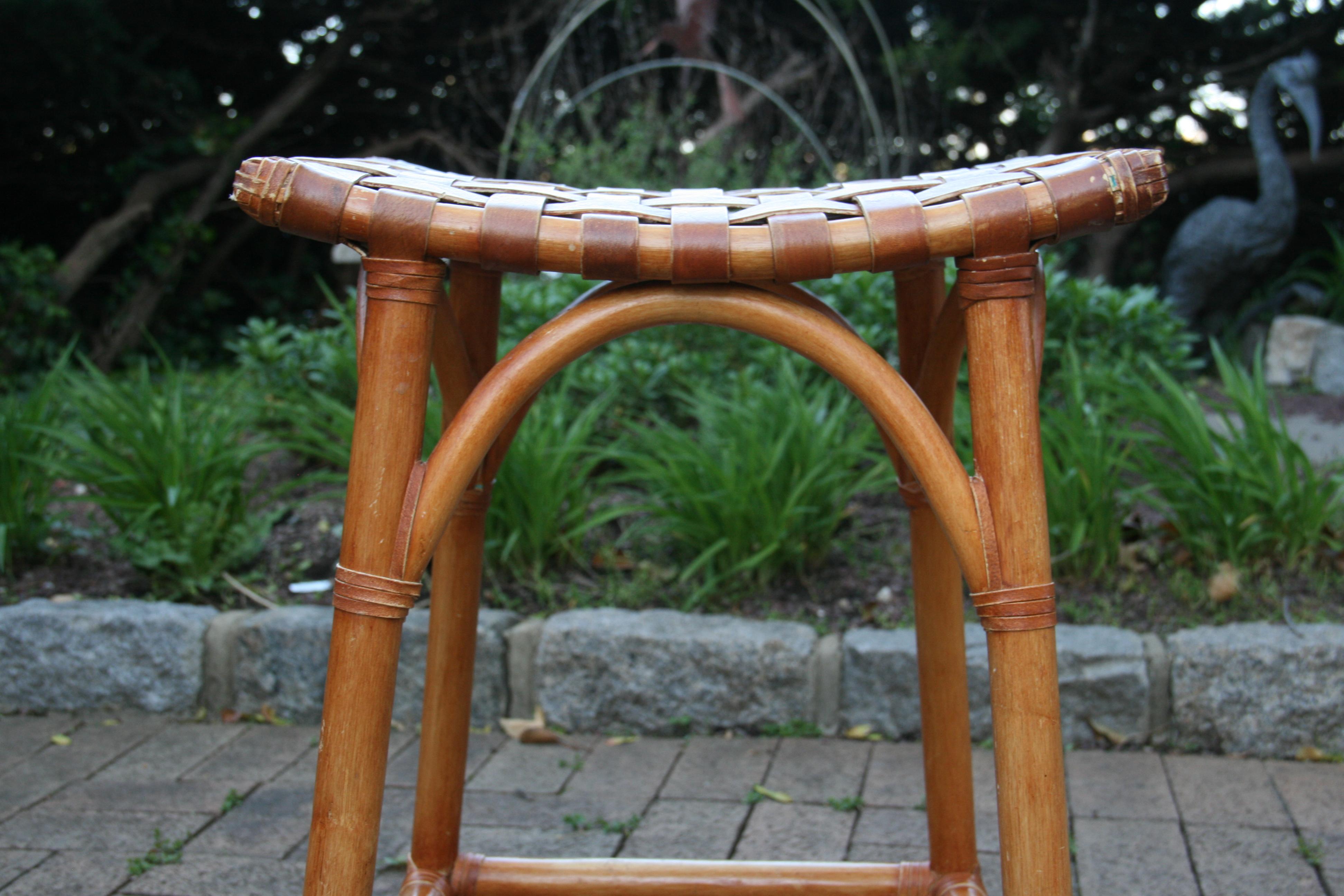 French Leather Strap and Rattan Stool / Side Table For Sale 3