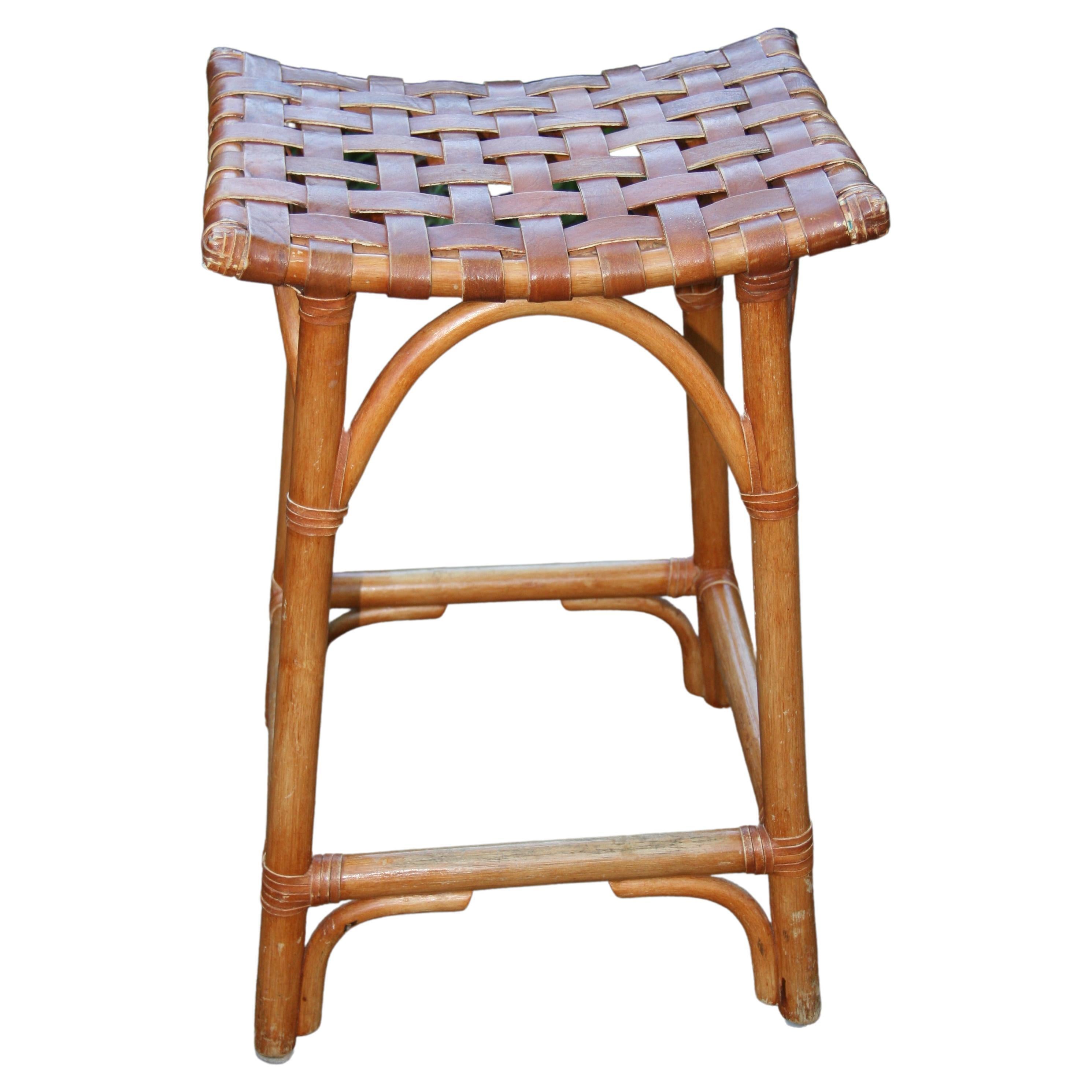 French Leather Strap and Rattan Stool / Side Table
