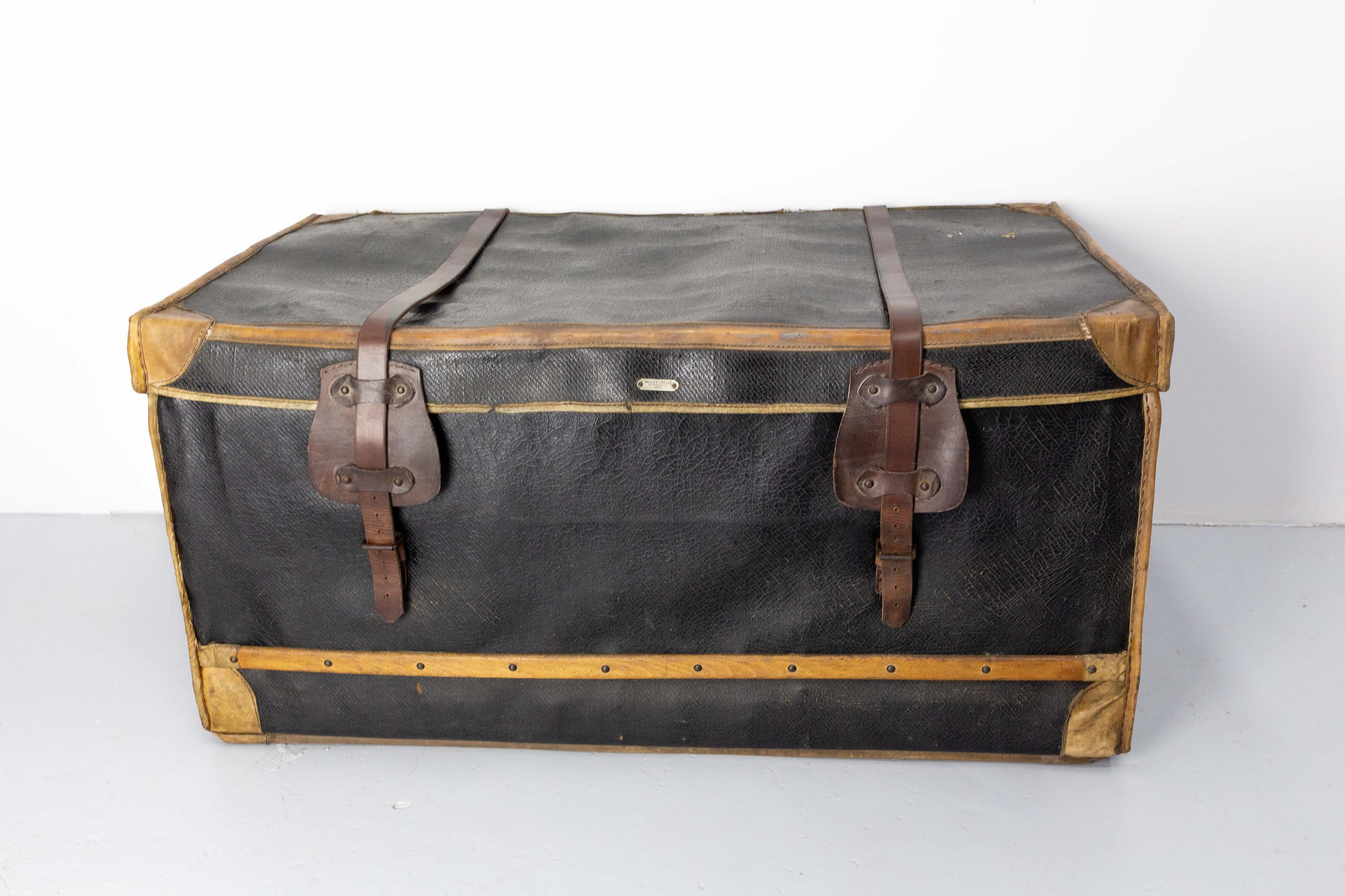 Napoleon III French Leather Trunk with Original Train Labels Paris to Chantilly, Late 19th C For Sale