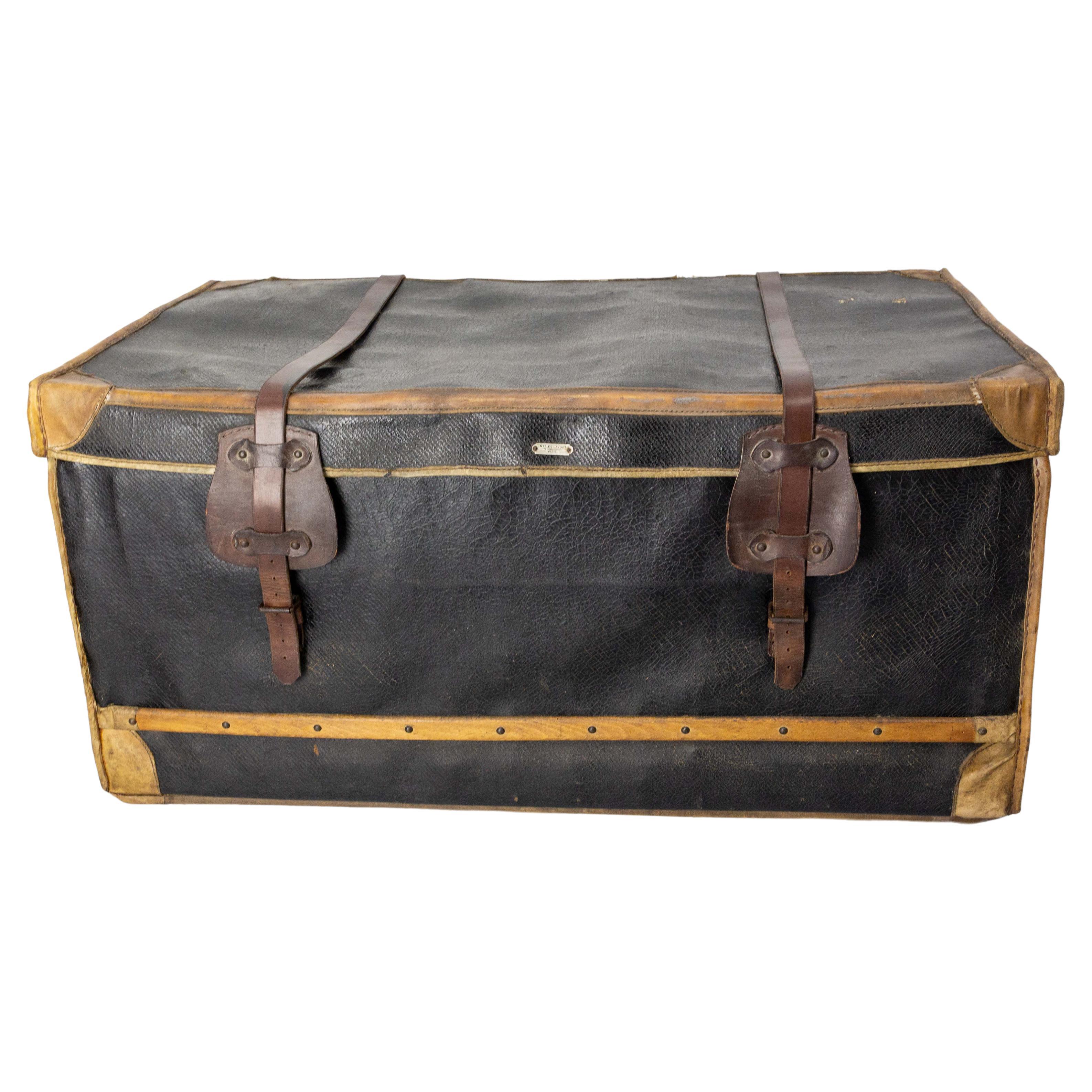 French Leather Trunk with Original Train Labels Paris to Chantilly, Late 19th C For Sale