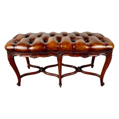 French Leather Tufted Bench, C. 1900’s
