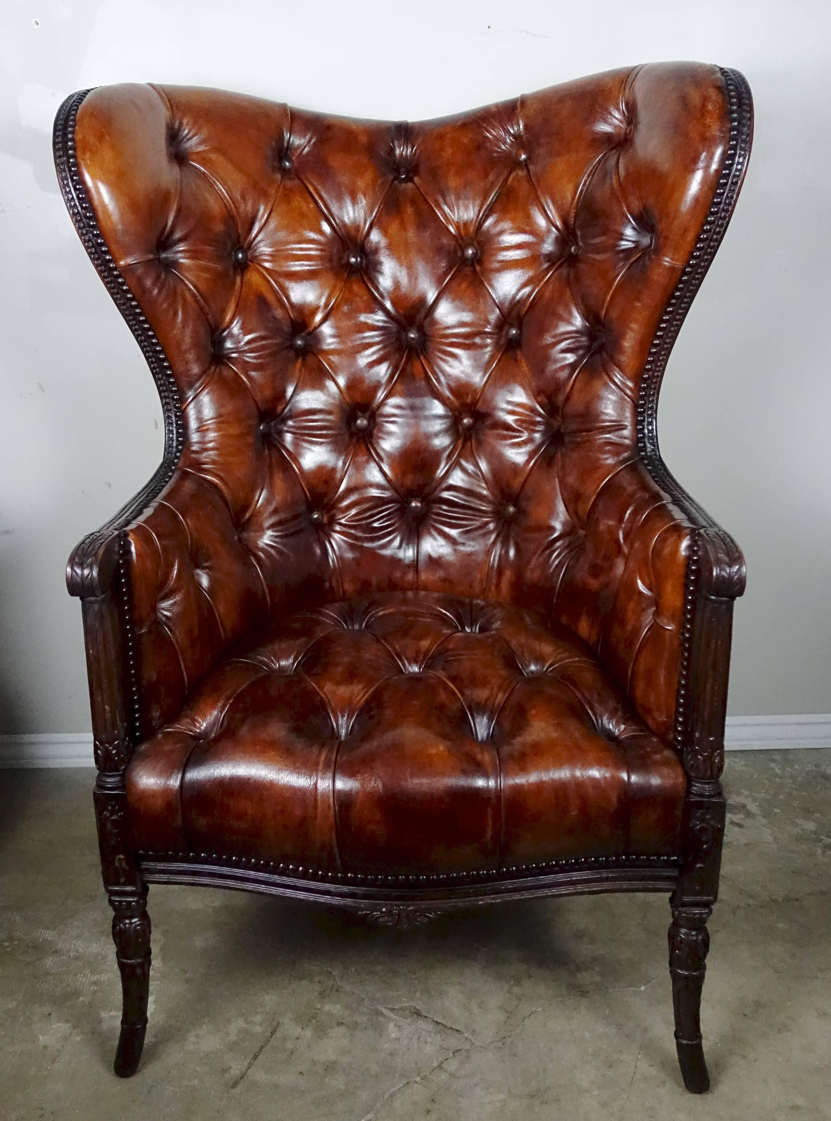20th Century French Leather Tufted Wingback Armchairs, Pair