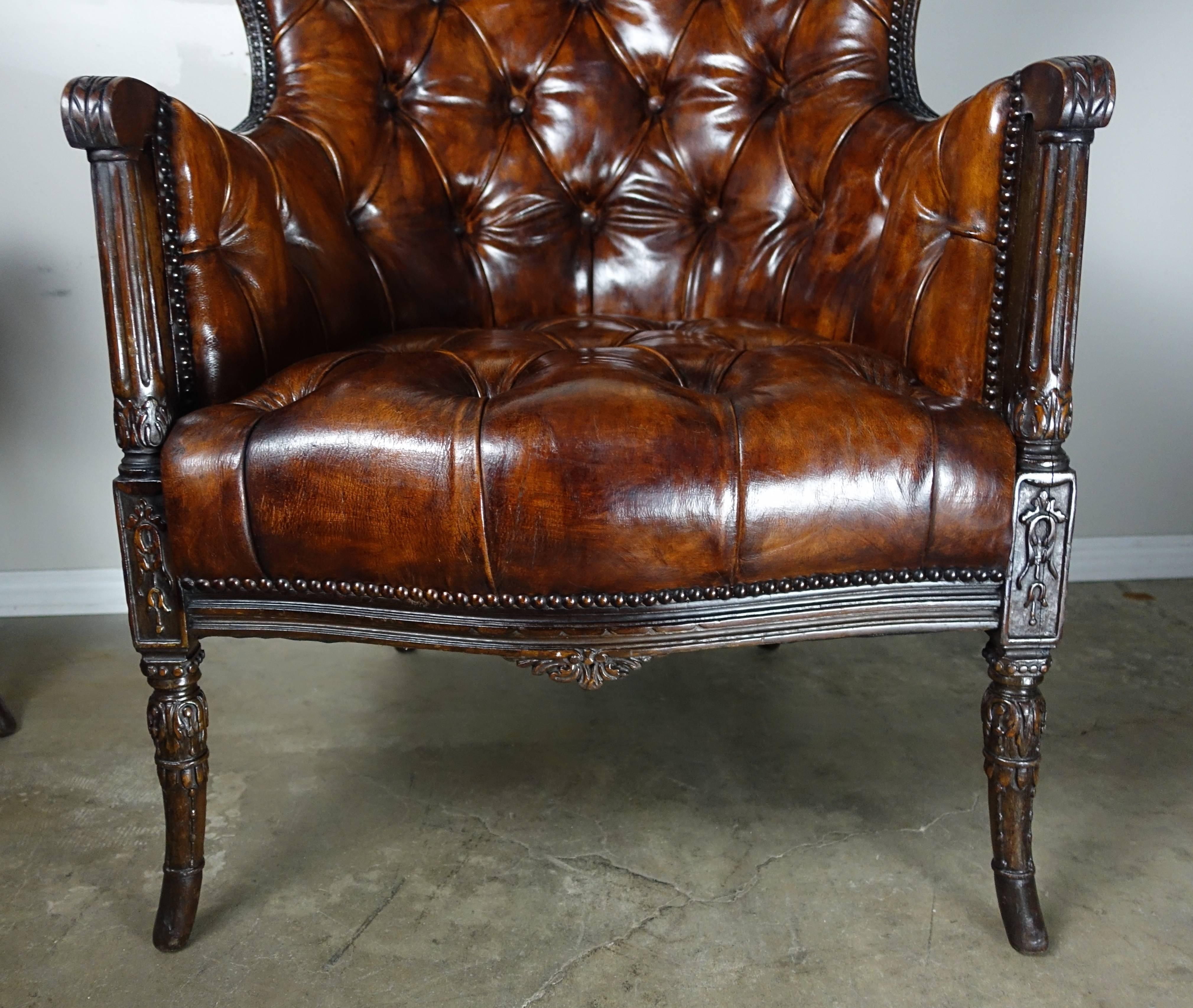 French Leather Tufted Wingback Armchairs, Pair 2