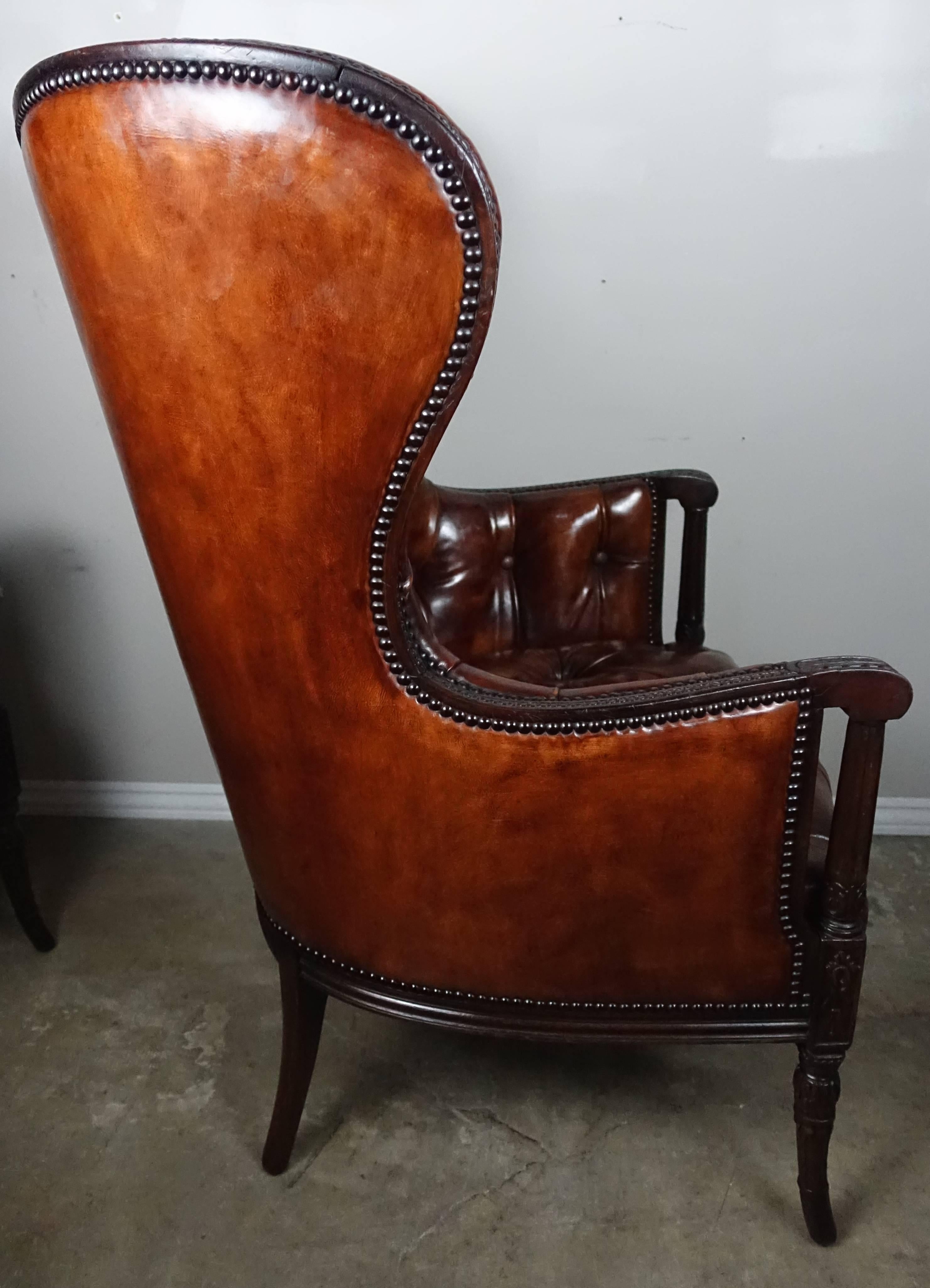 French Leather Tufted Wingback Armchairs, Pair 5