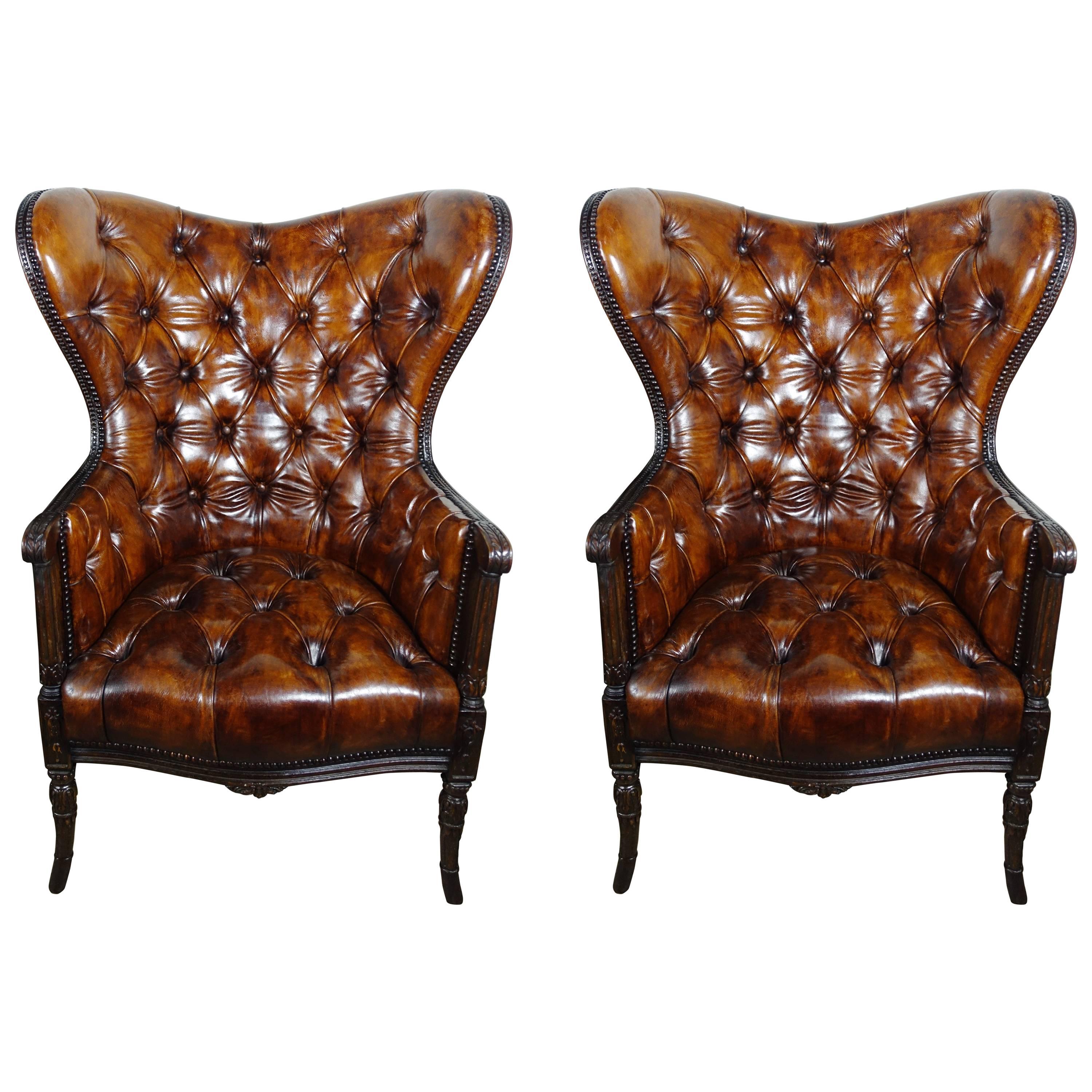 French Leather Tufted Wingback Armchairs, Pair