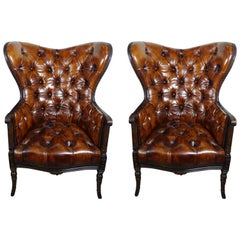 Antique French Leather Tufted Wingback Armchairs, Pair