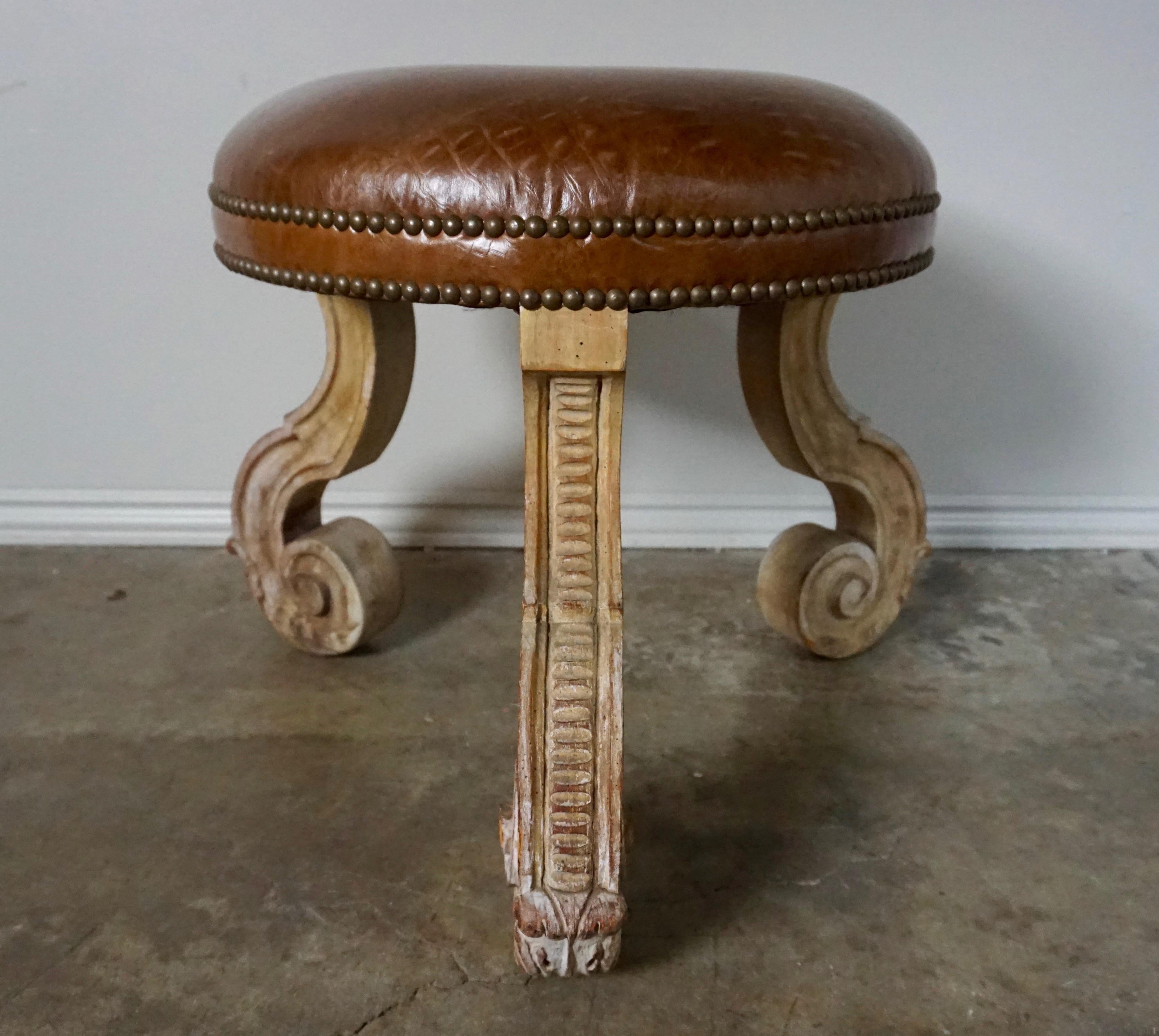 Rococo French Leather Upholstered Tripod Stool, circa 1930s