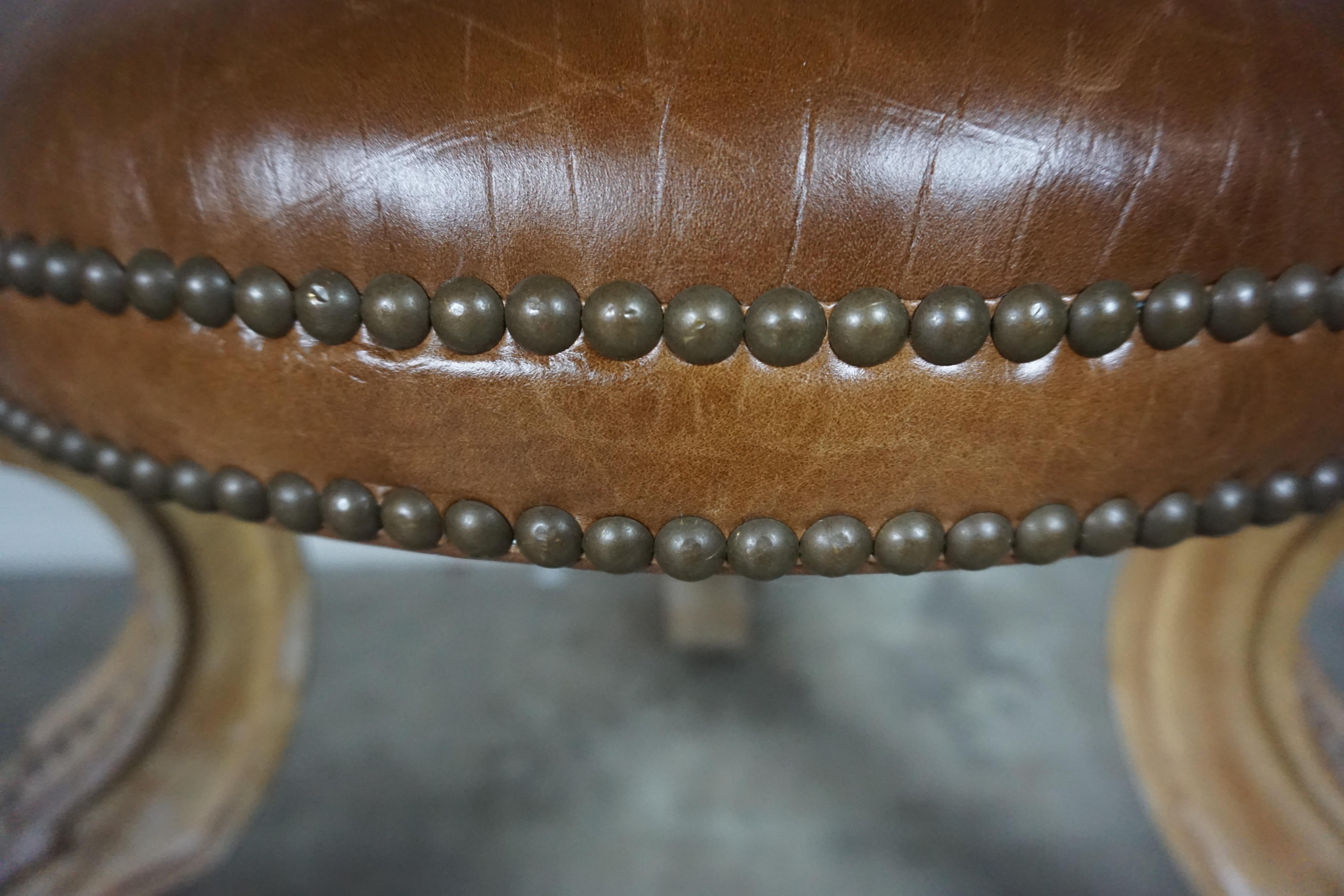 Mid-20th Century French Leather Upholstered Tripod Stool, circa 1930s