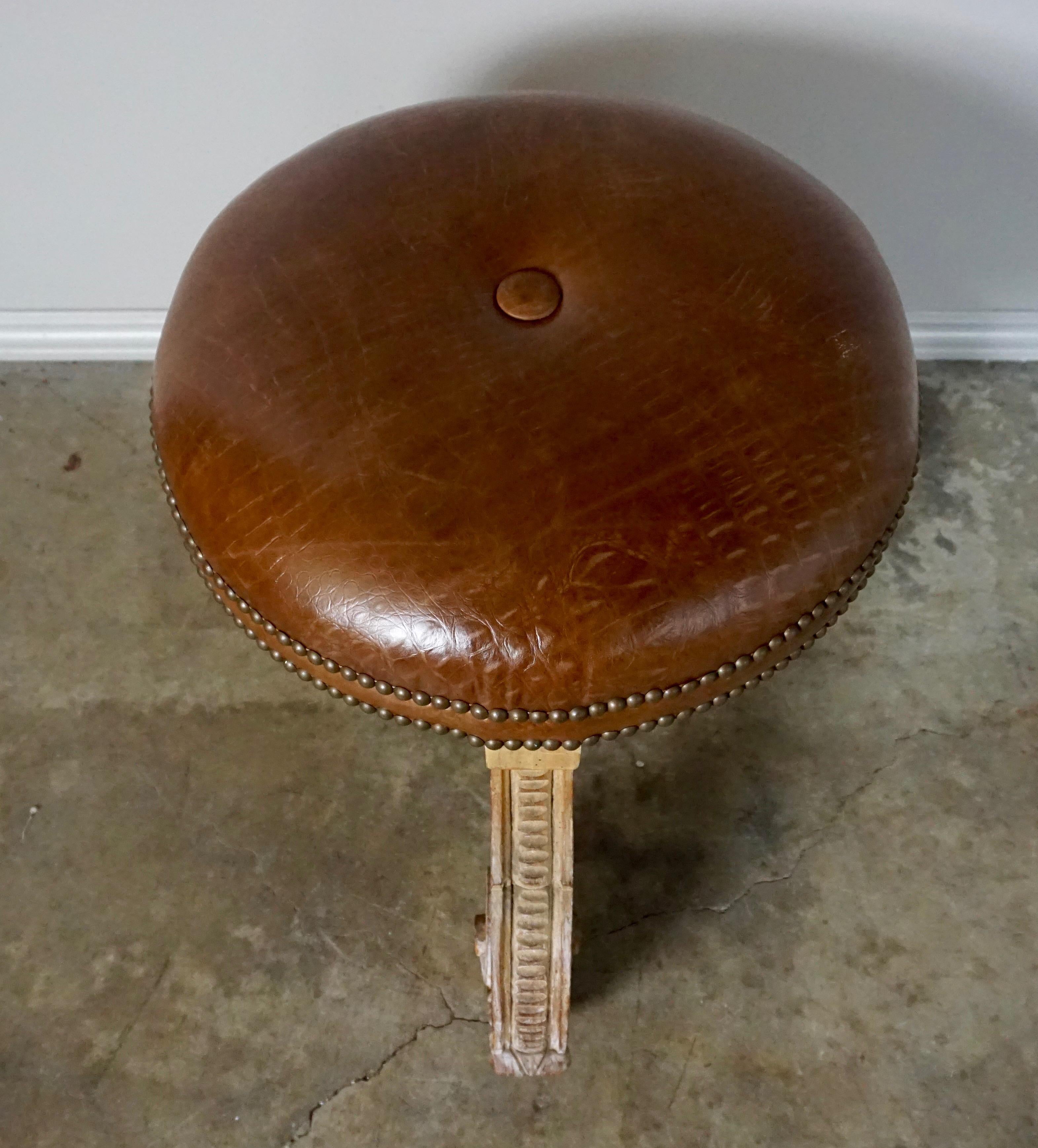 French Leather Upholstered Tripod Stool, circa 1930s 1