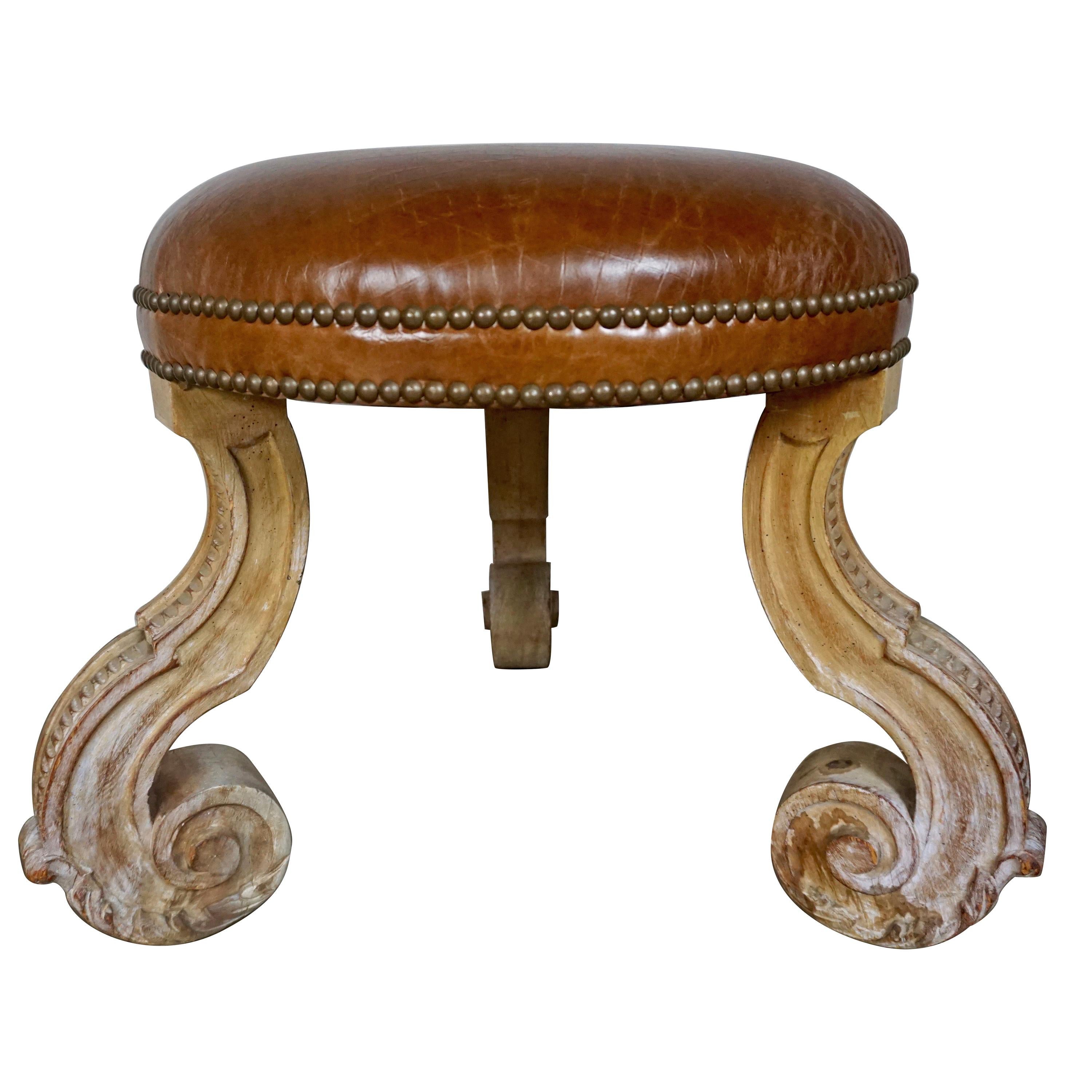 French Leather Upholstered Tripod Stool, circa 1930s