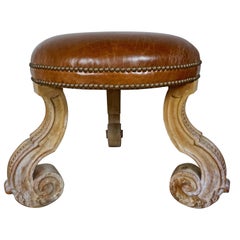 Vintage French Leather Upholstered Tripod Stool, circa 1930s