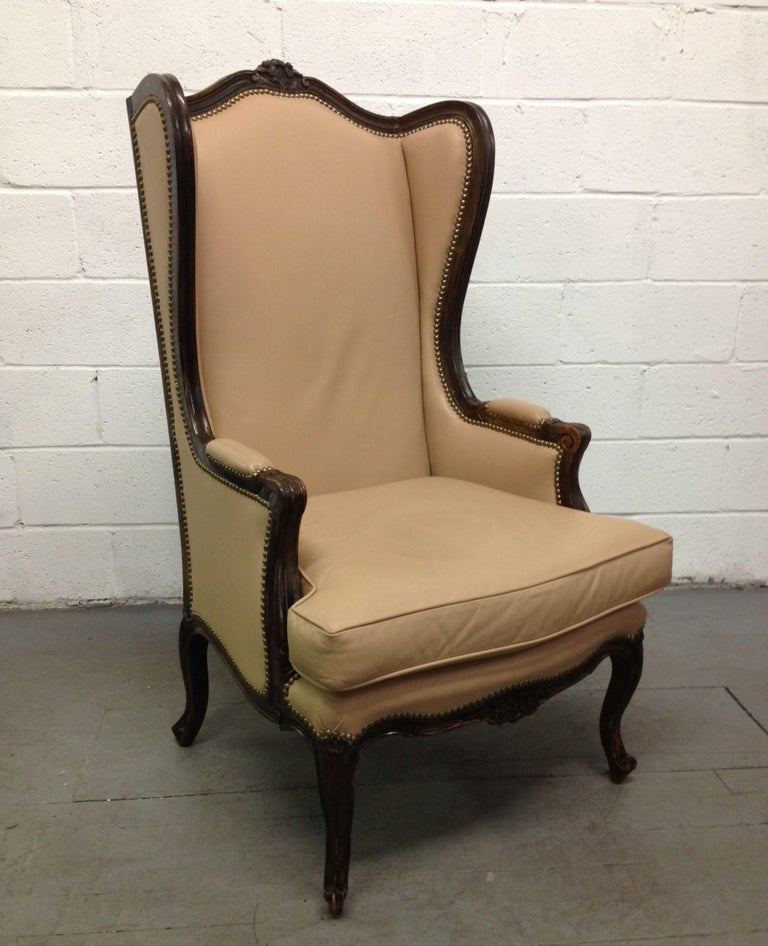 French Leather Wingback Chair with Brass Stud Trim For Sale at 1stdibs