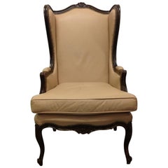 French Leather Wingback Chair with Brass Stud Trim