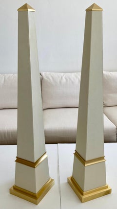 French Leather Wrapped Obelisks With Satin Bronze Details, a Pair