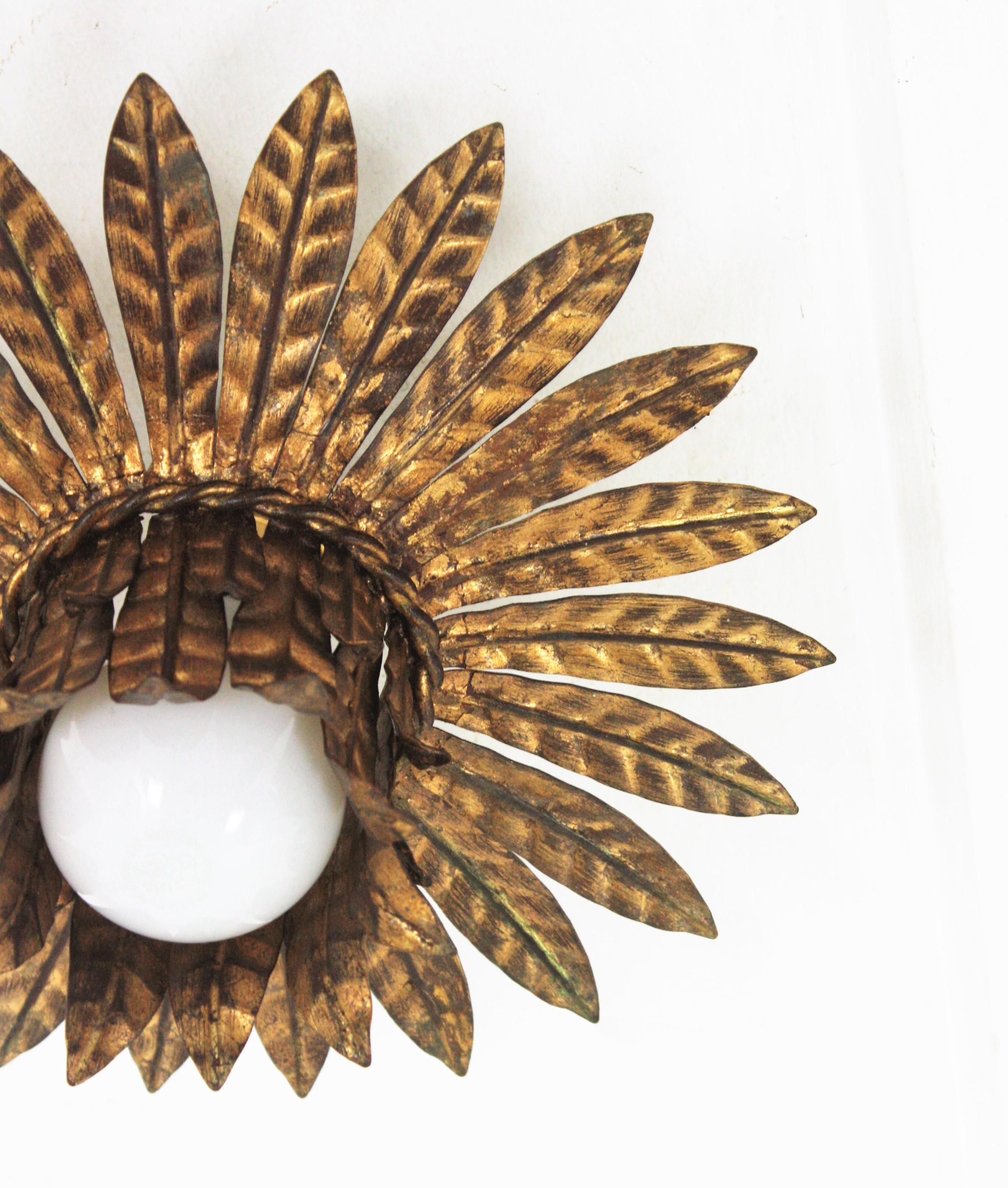 French Leaves Bouquet Crown Ceiling Light Fixture in Gilt Iron, 1940s For Sale 2
