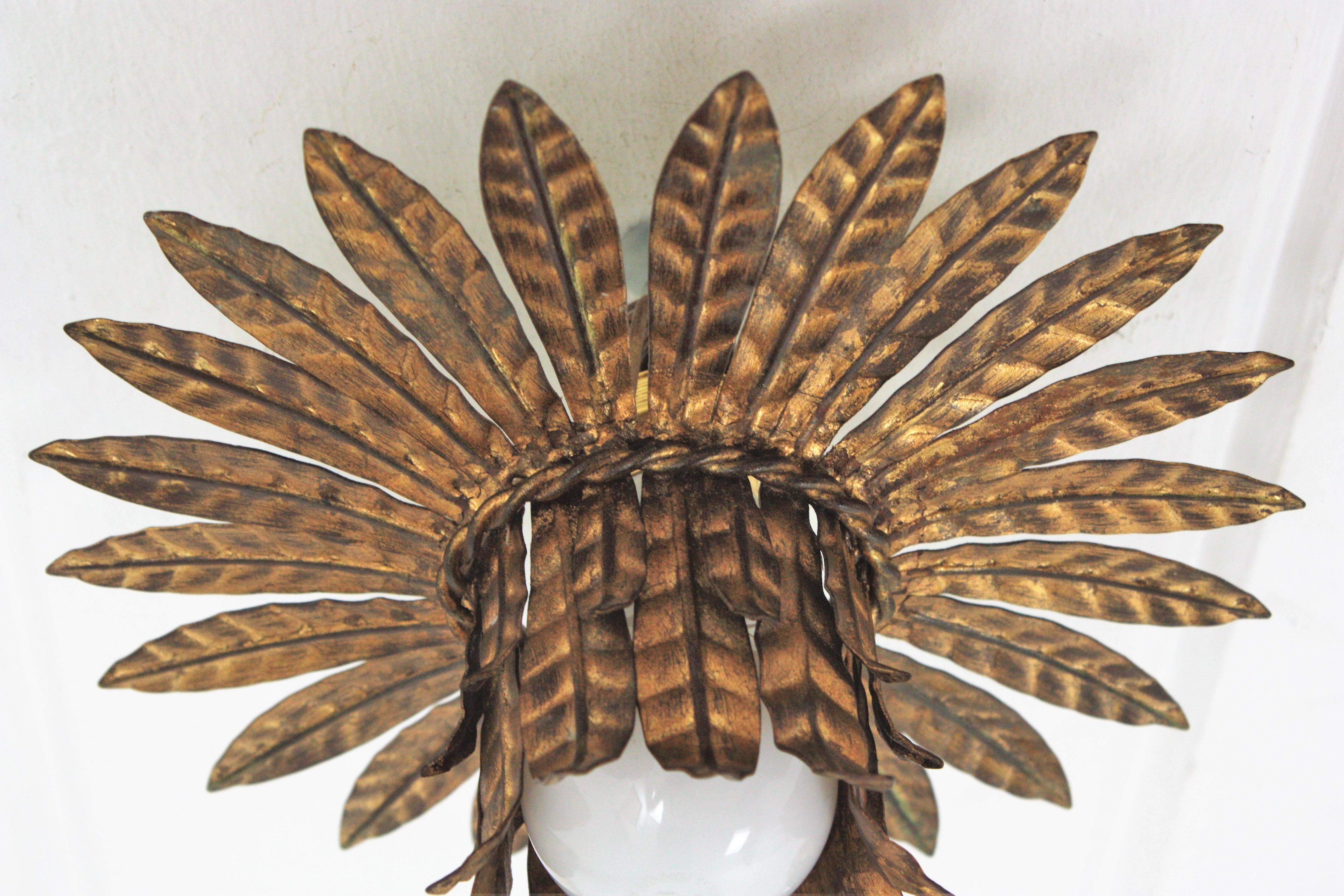 French Leaves Bouquet Crown Ceiling Light Fixture in Gilt Iron, 1940s For Sale 8
