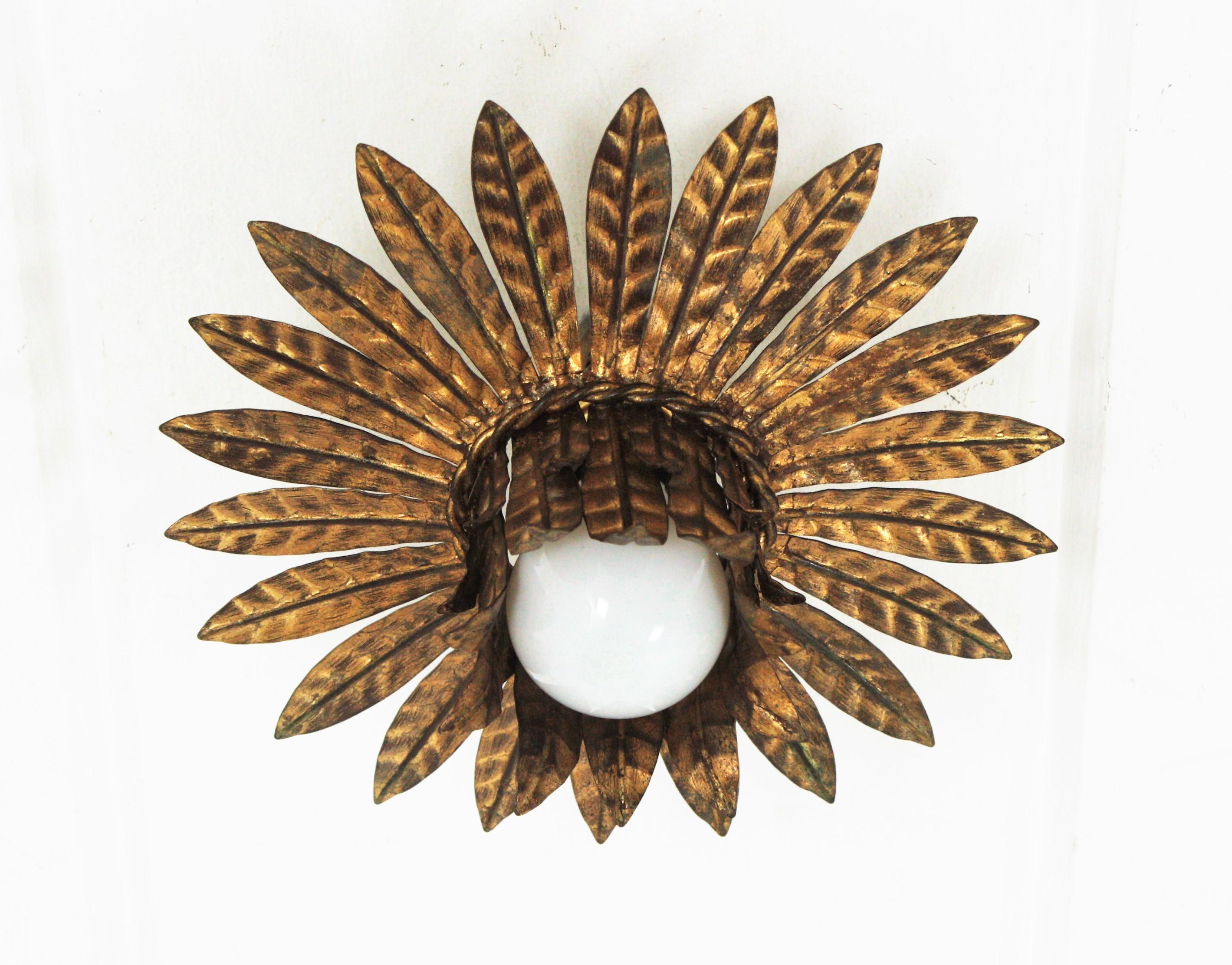 French Leaves Bouquet Crown Ceiling Light Fixture in Gilt Iron, 1940s For Sale 10
