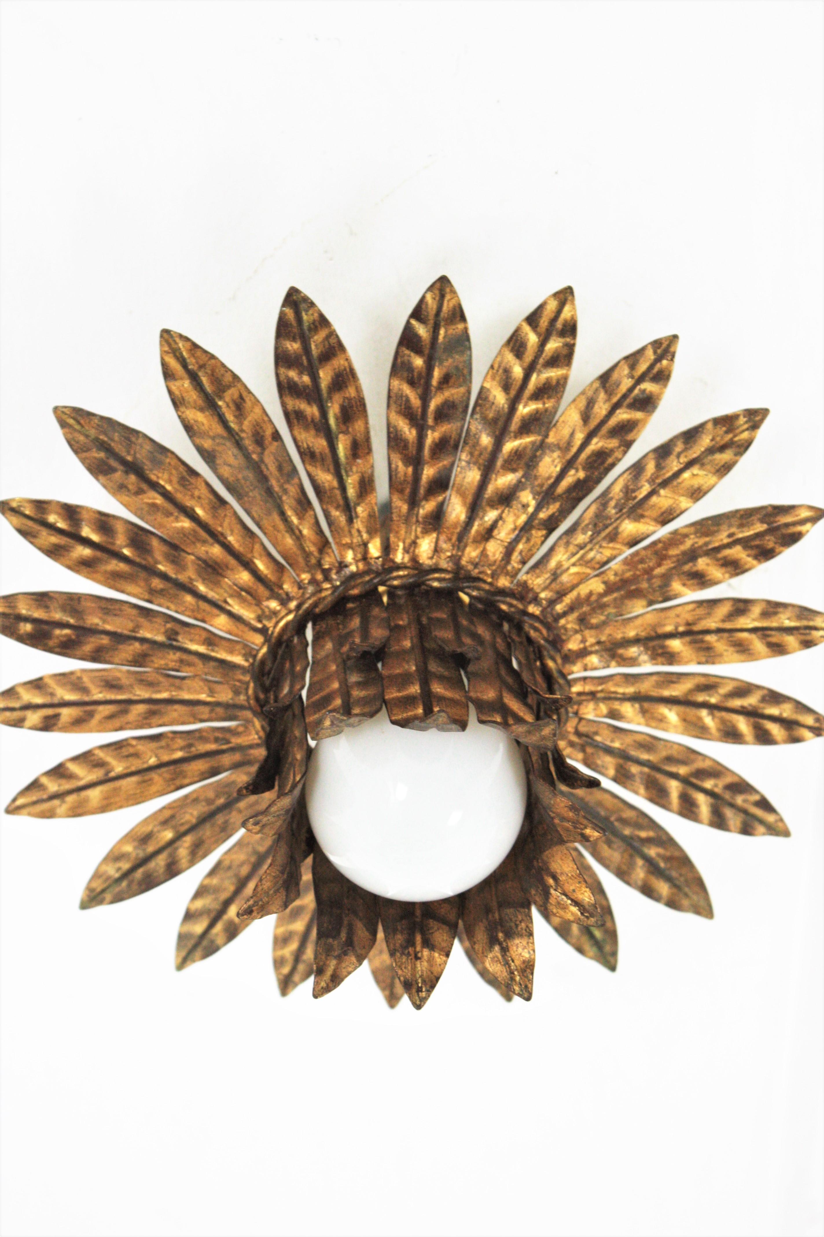 20th Century French Leaves Bouquet Crown Ceiling Light Fixture in Gilt Iron, 1940s For Sale