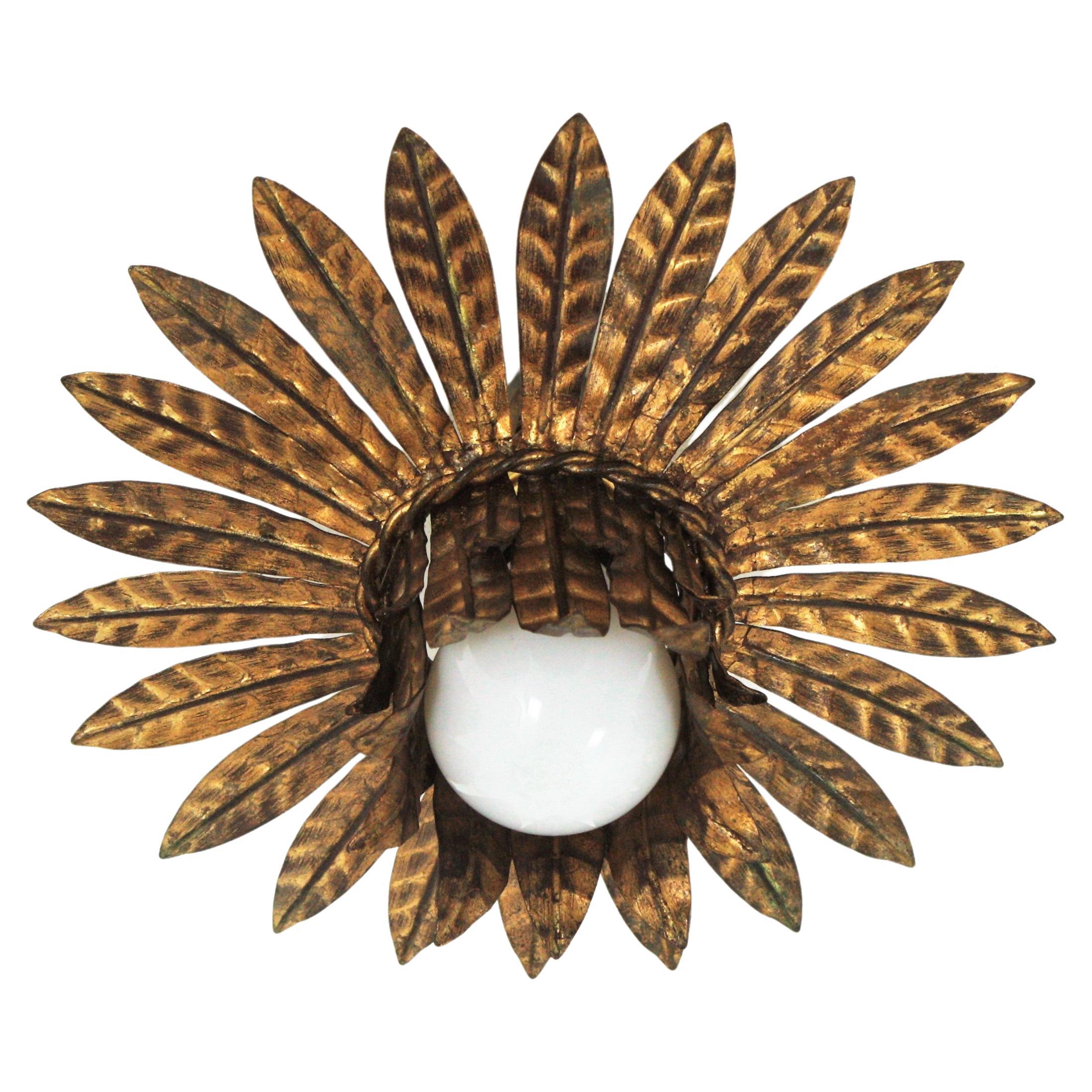 French Leaves Bouquet Crown Ceiling Light Fixture in Gilt Iron, 1940s