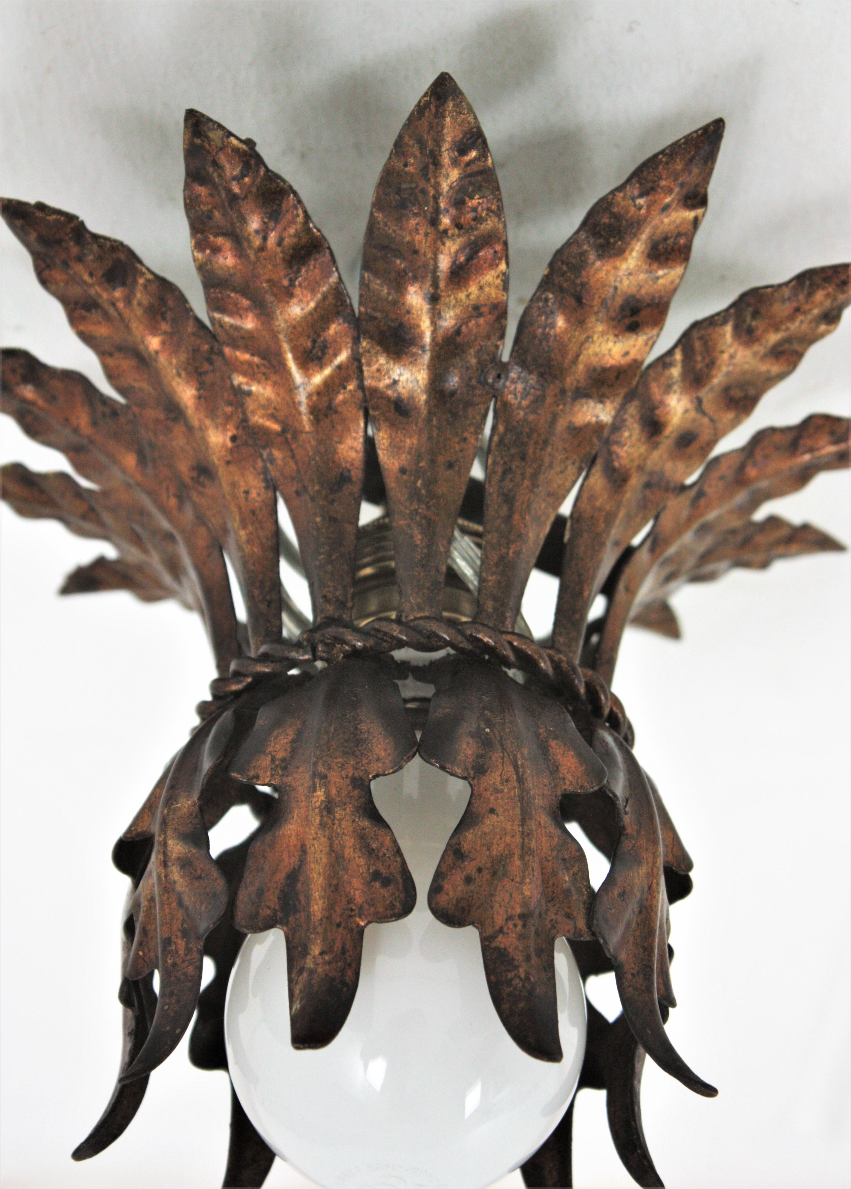 French Leaves Bouquet Crown Ceiling Light Fixture in Gilt Metal, 1940s 7