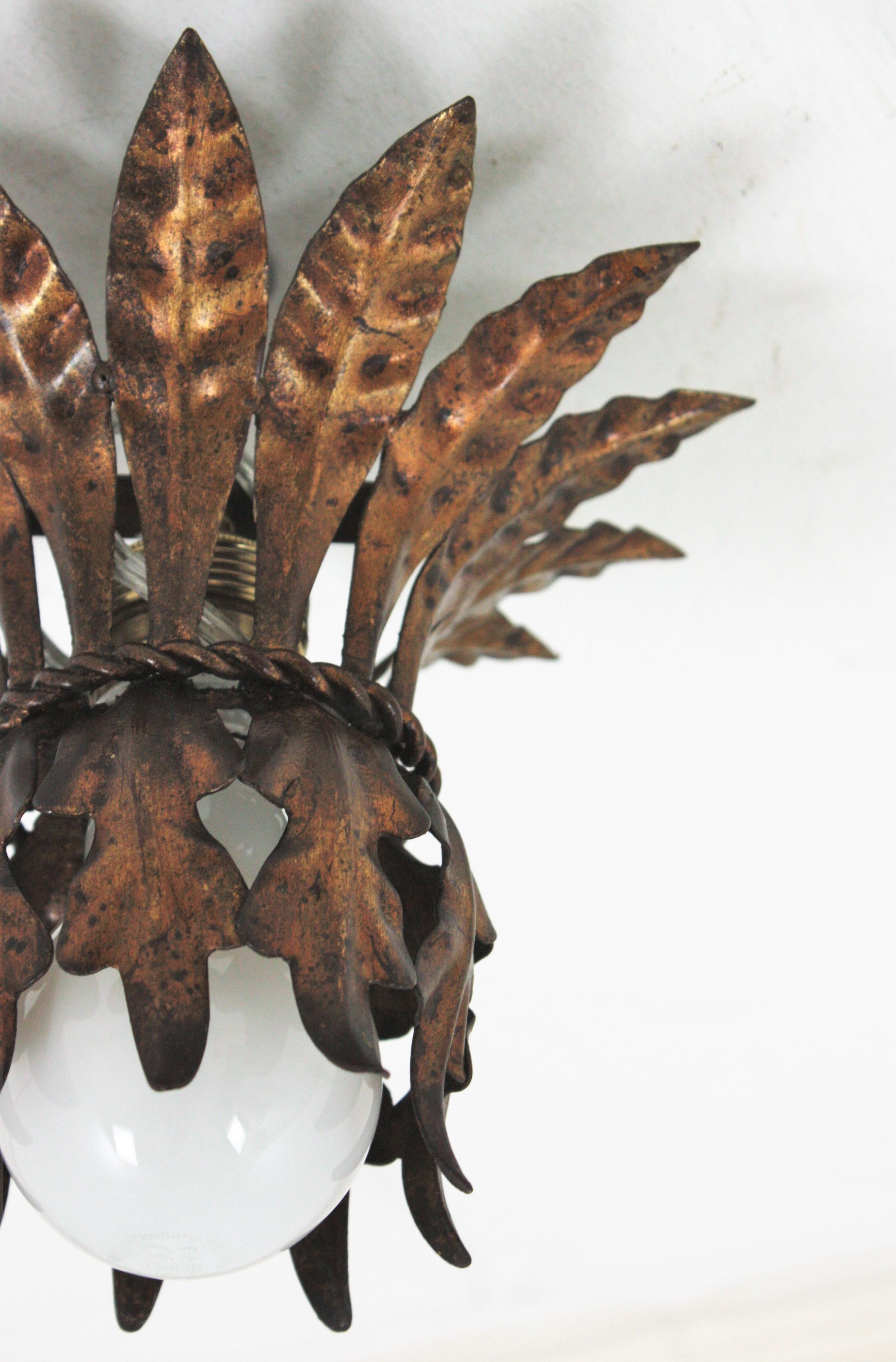 French Leaves Bouquet Crown Ceiling Light Fixture in Gilt Metal, 1940s 9